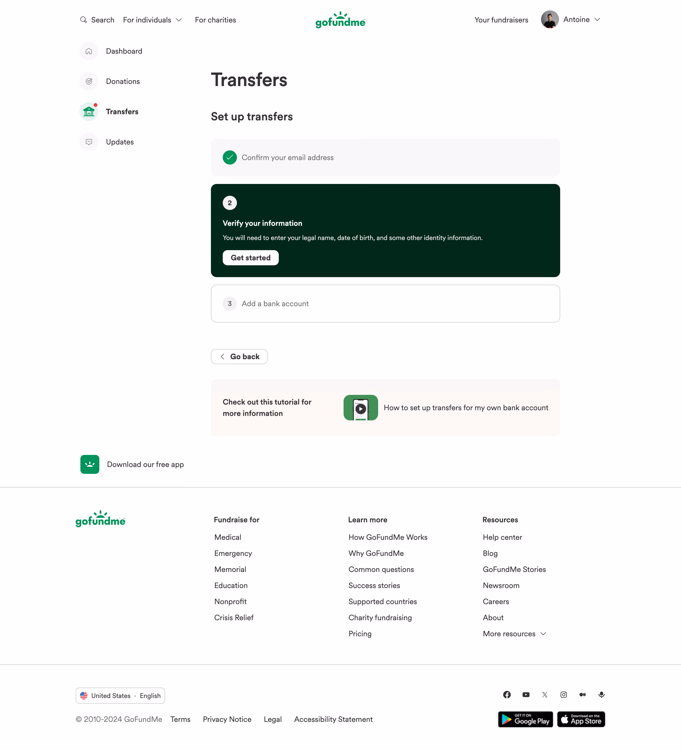 GoFundMe Setup Banking Transfers