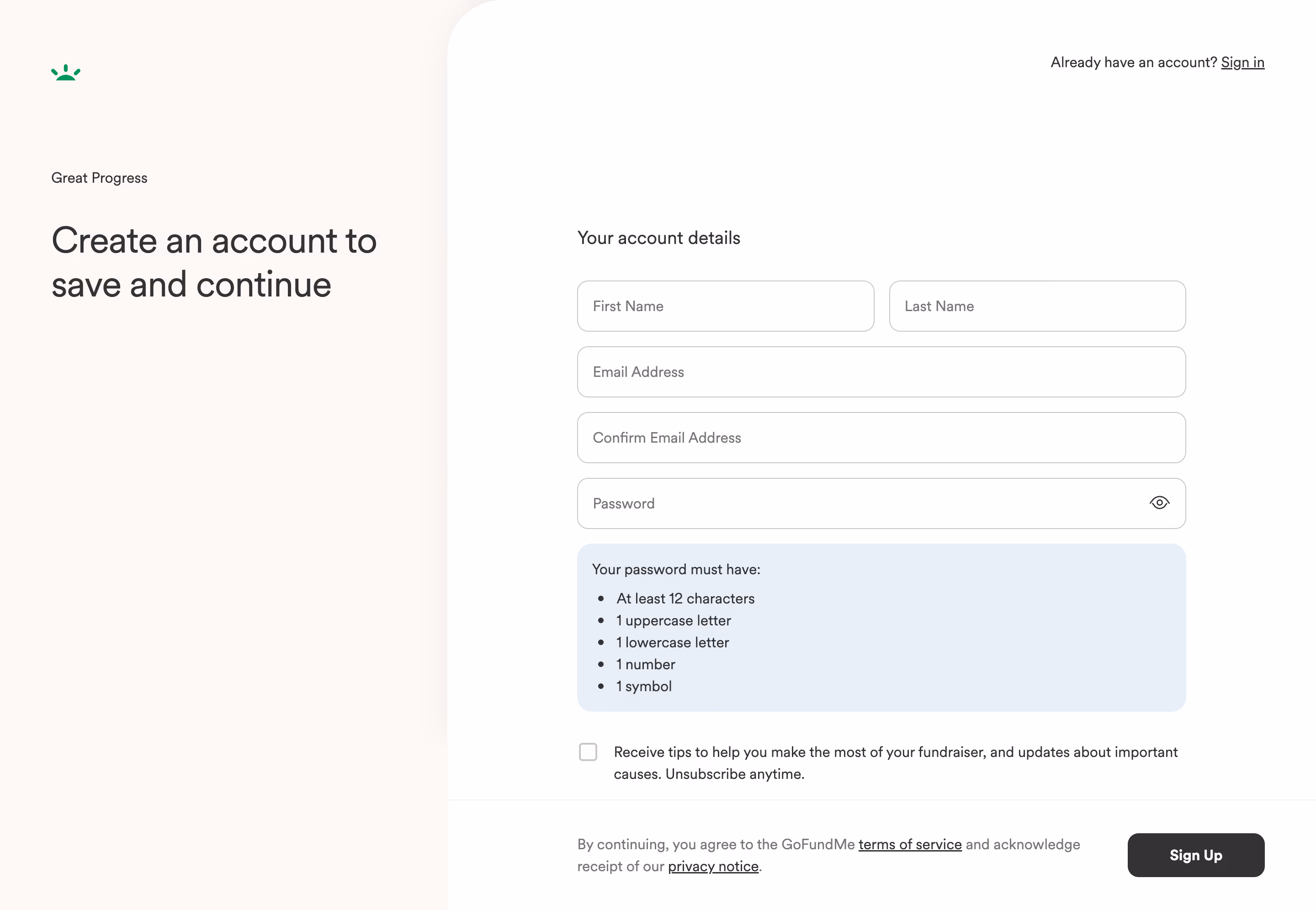 GoFundMe Account Details Setup