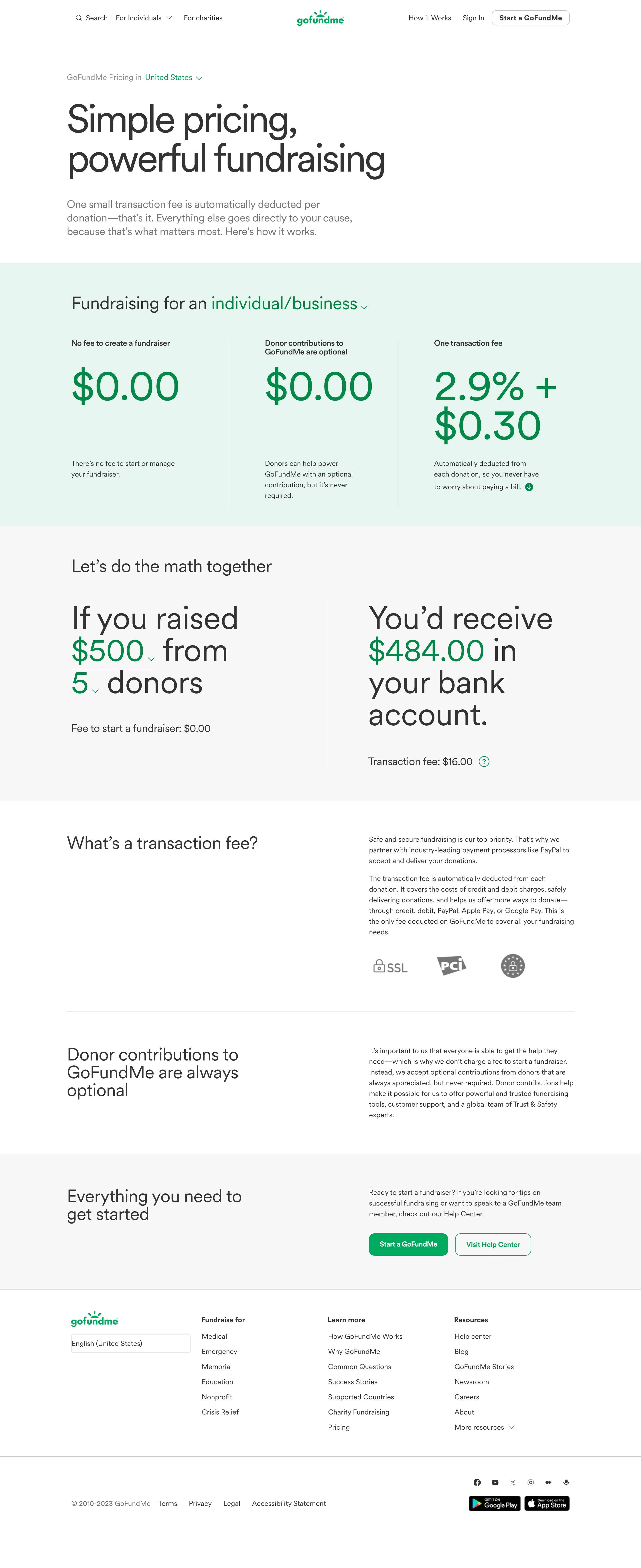 GoFundMe Pricing Page