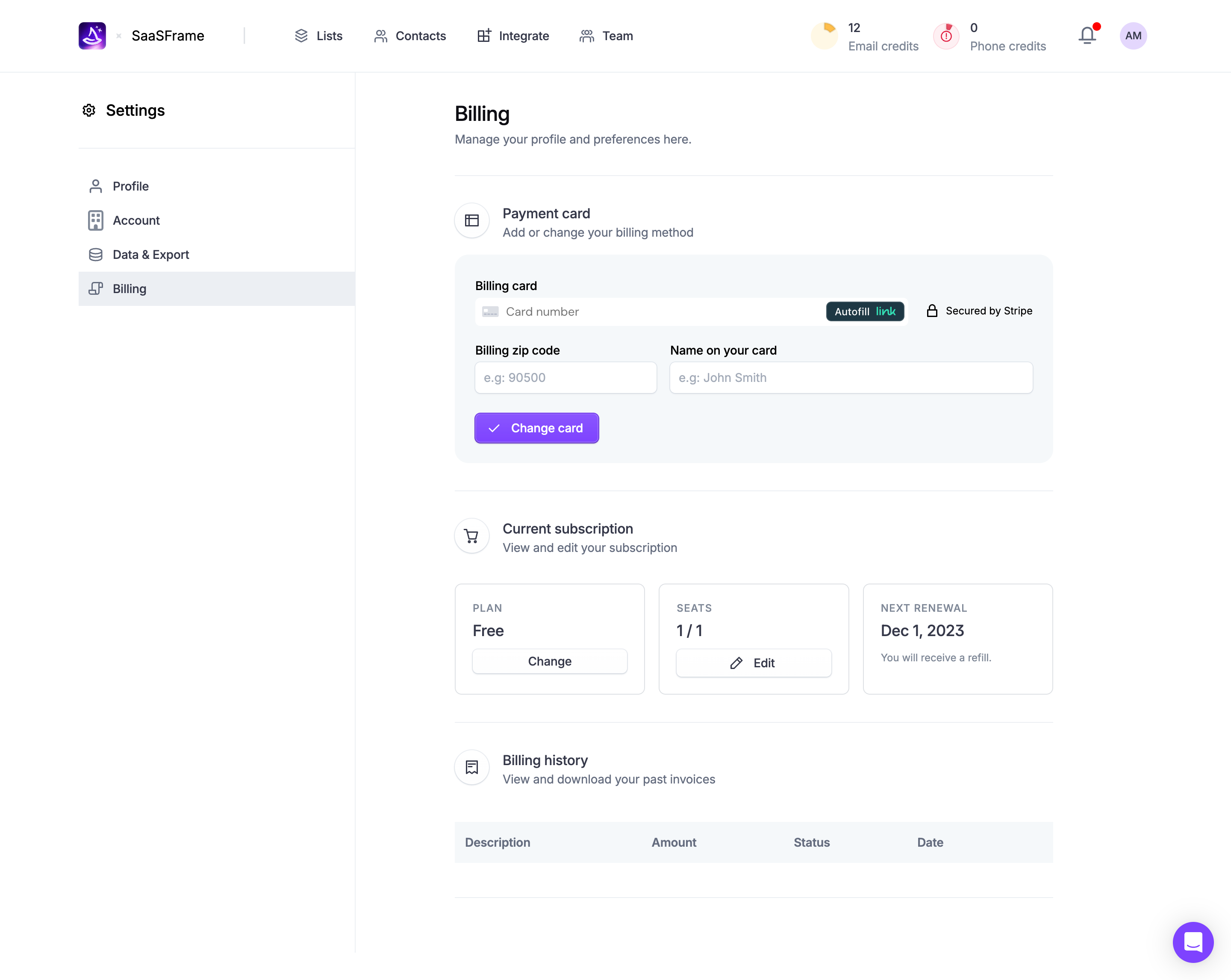 Wiza Billing Settings