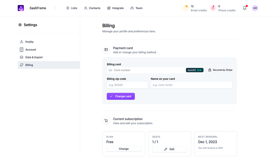 Wiza Billing Settings