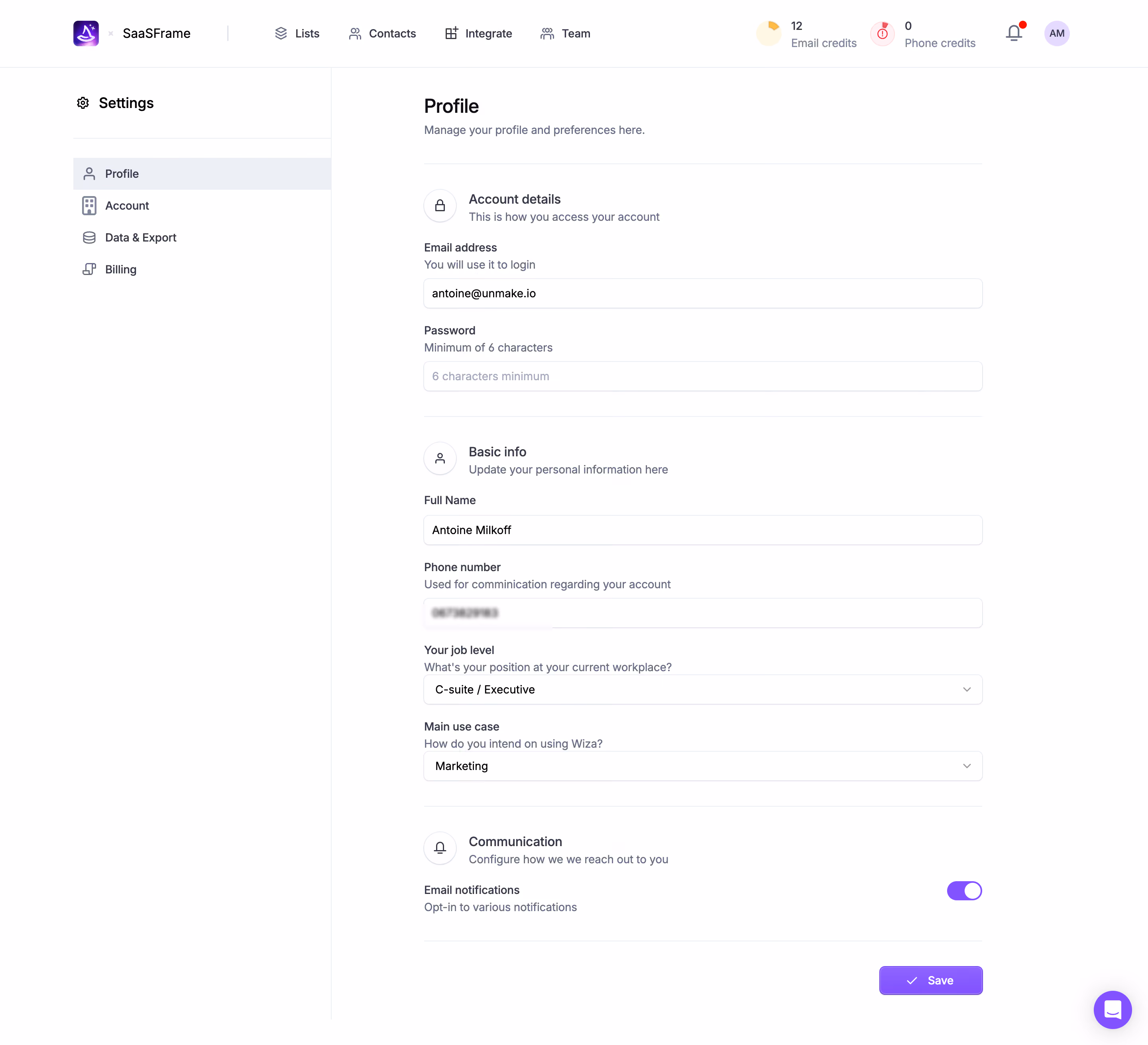 Wiza Profile Settings