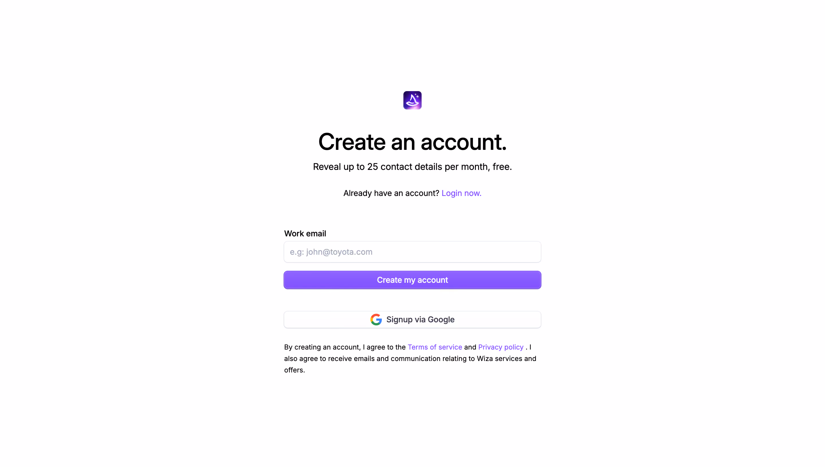Wiza Signup Page