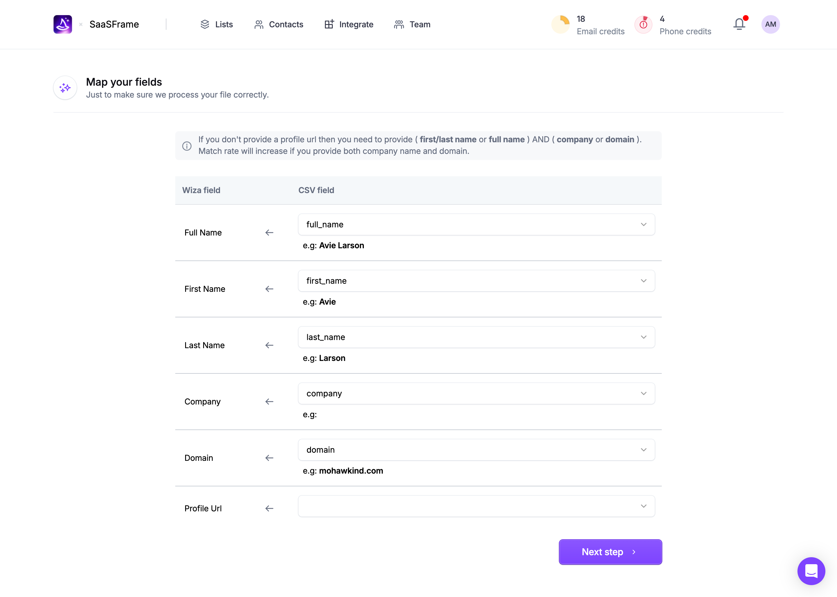 Wiza Import Data Mapping