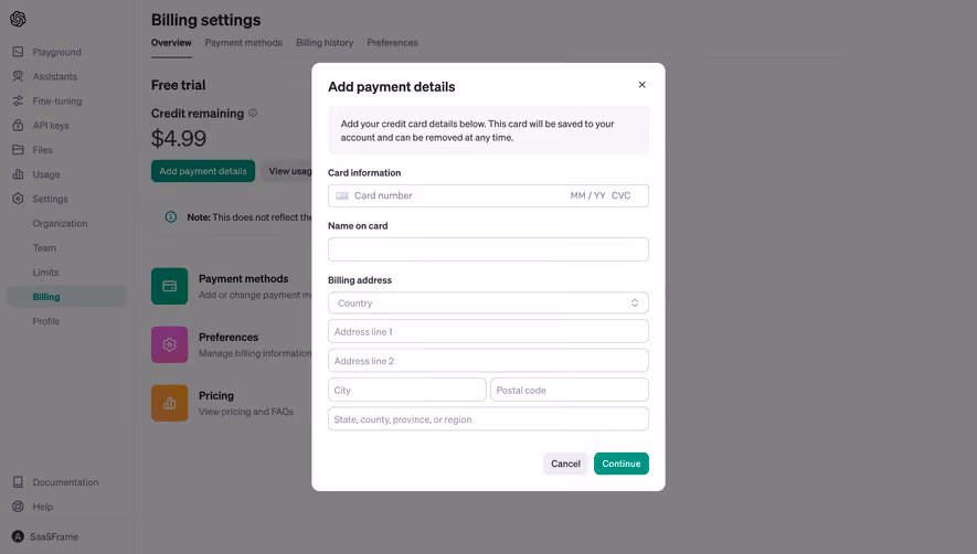 OpenAI Add Payment Details