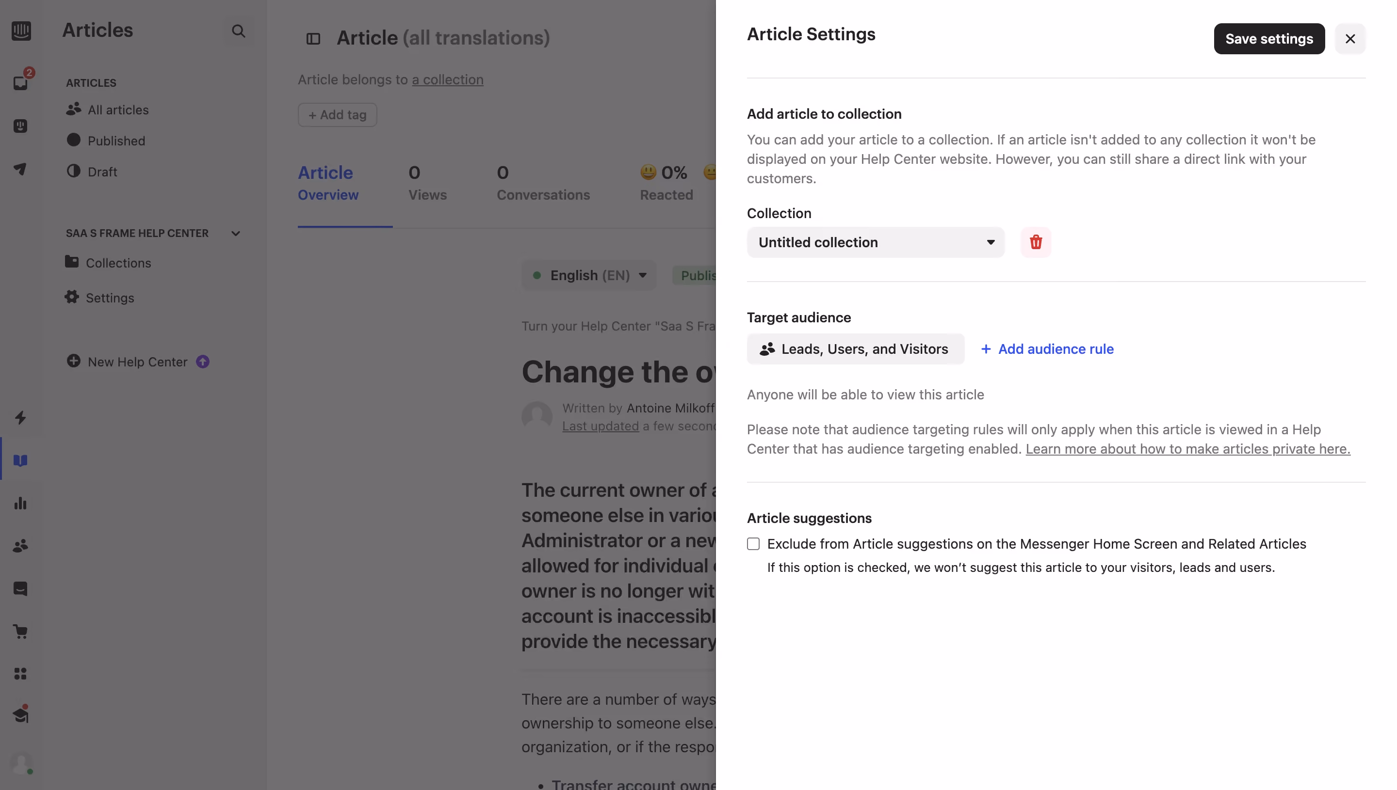 Intercom Article Settings