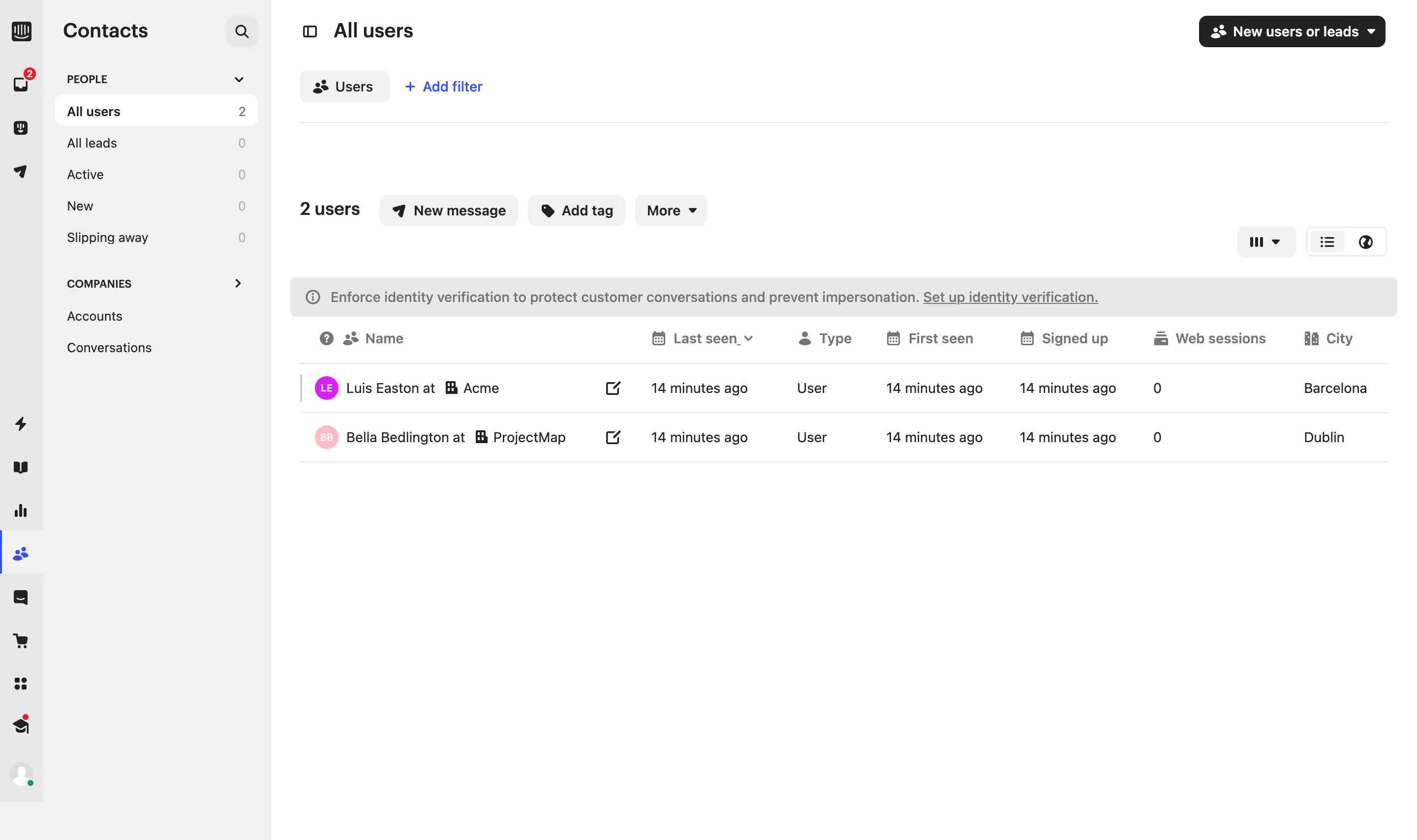 Intercom Users Table