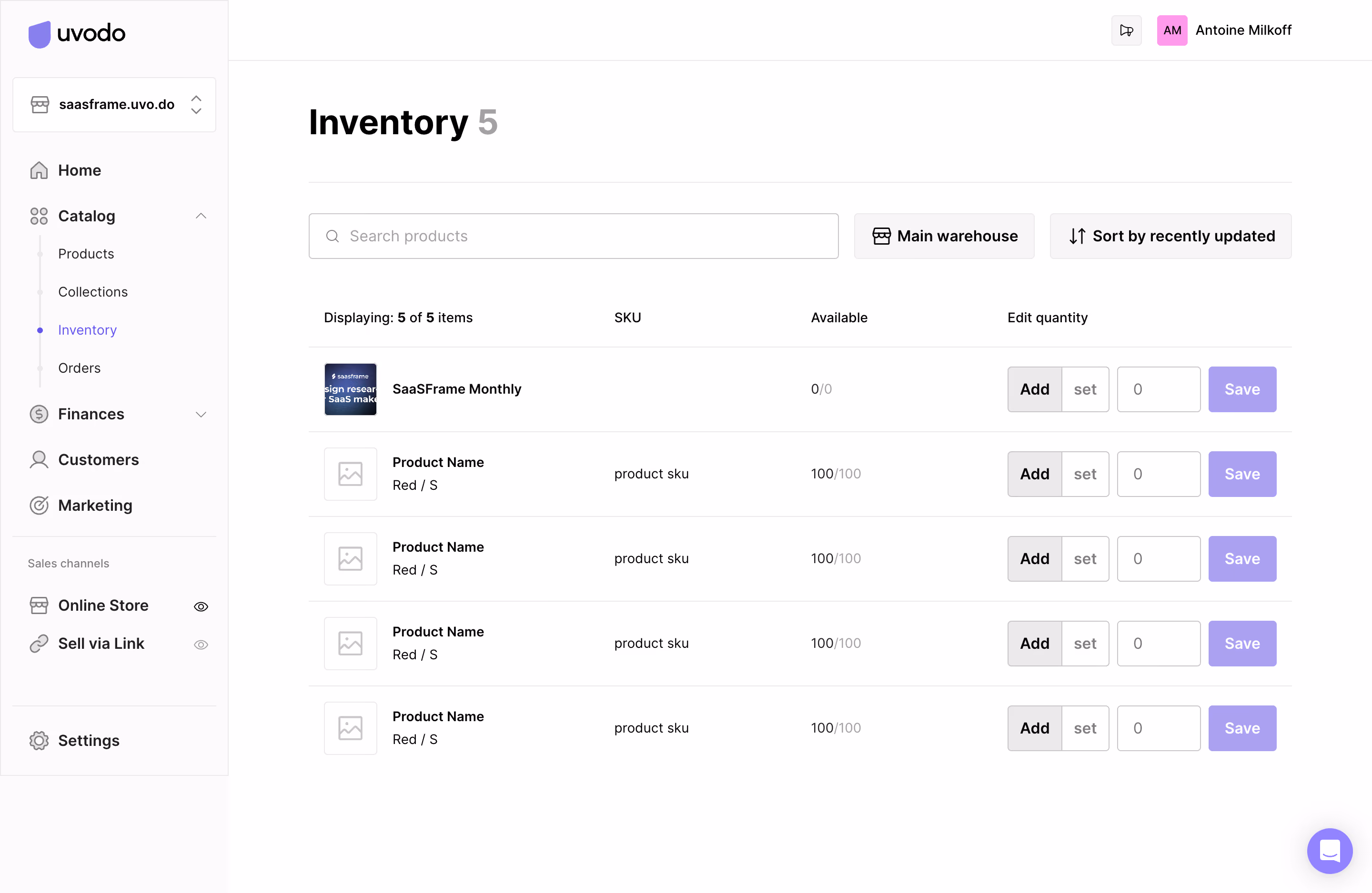Uvodo Inventory Table