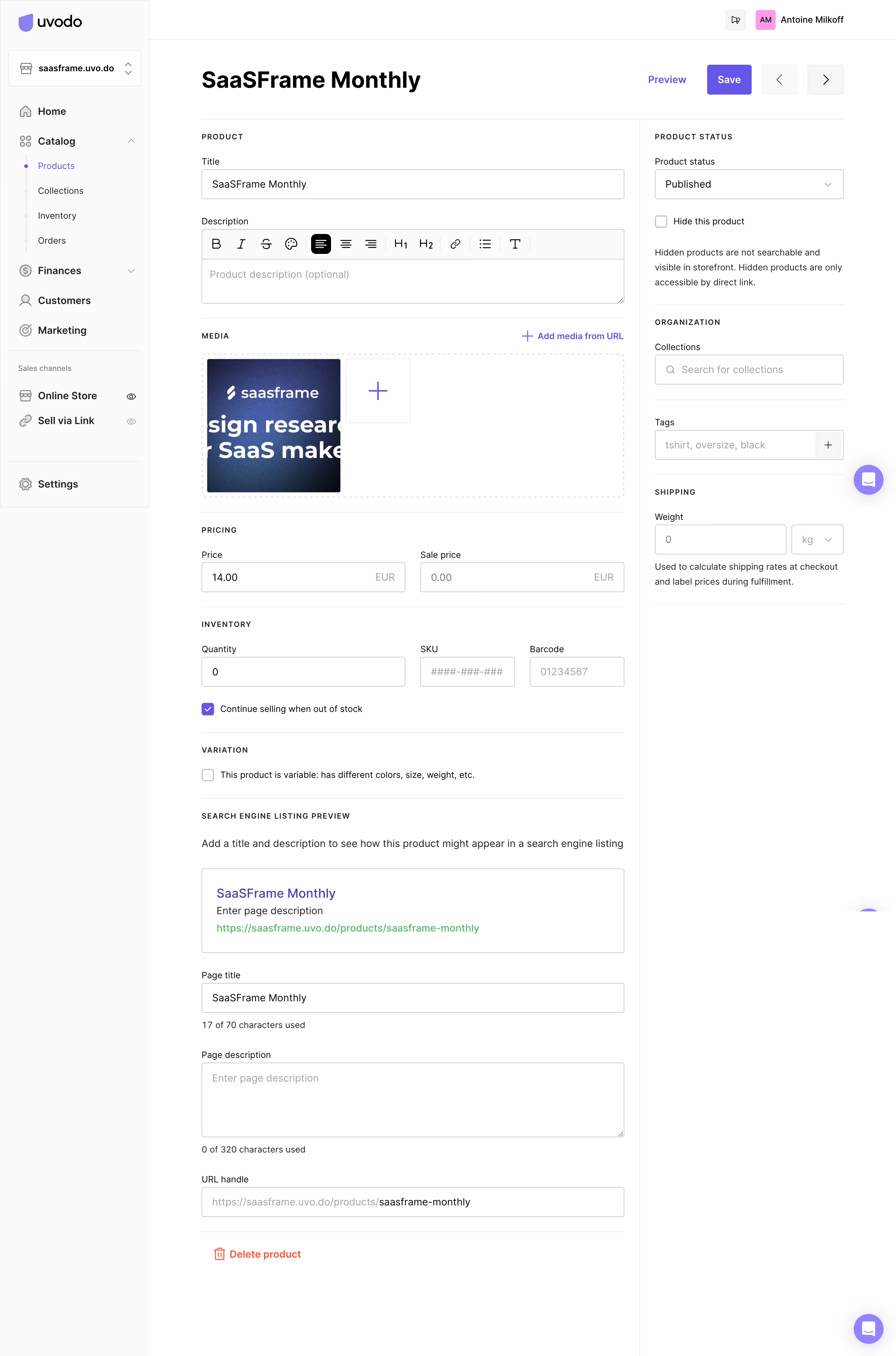 Uvodo Product Settings