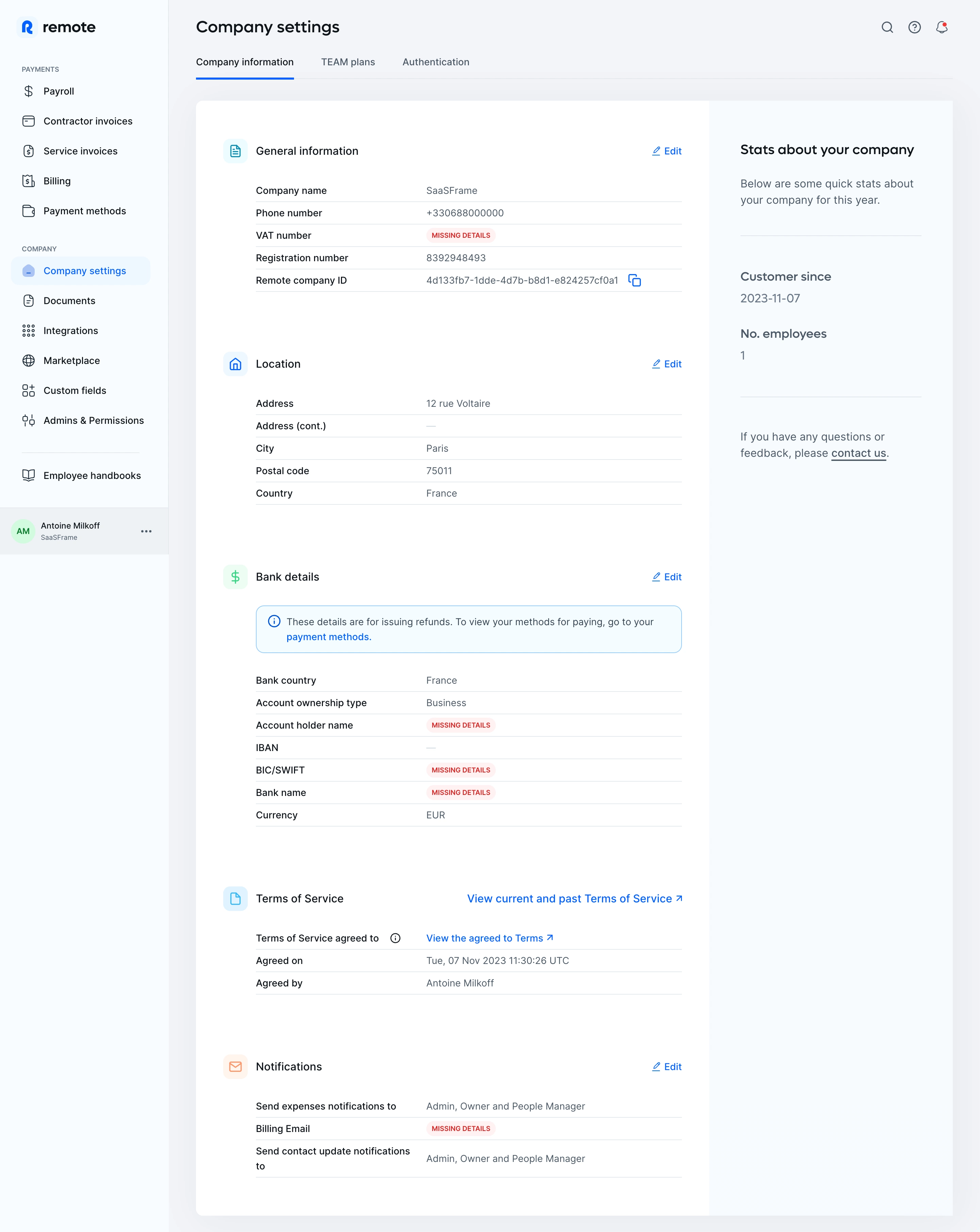 Remote Company Settings