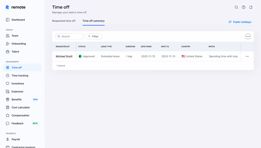 Remote Time Off Summary Table