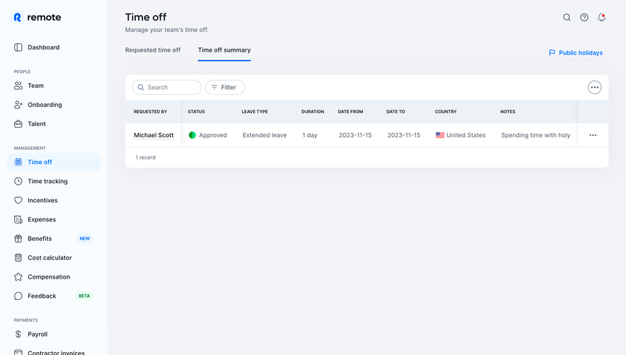 Remote Time Off Summary Table
