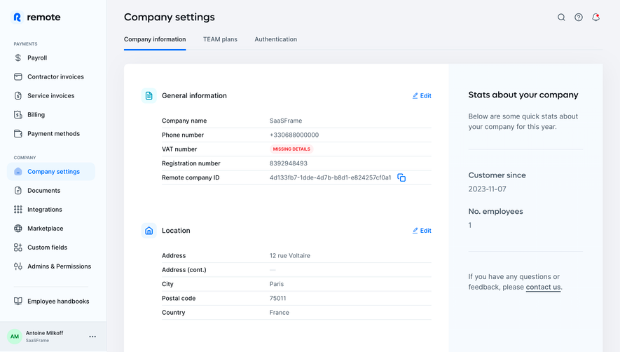 Remote Company Settings