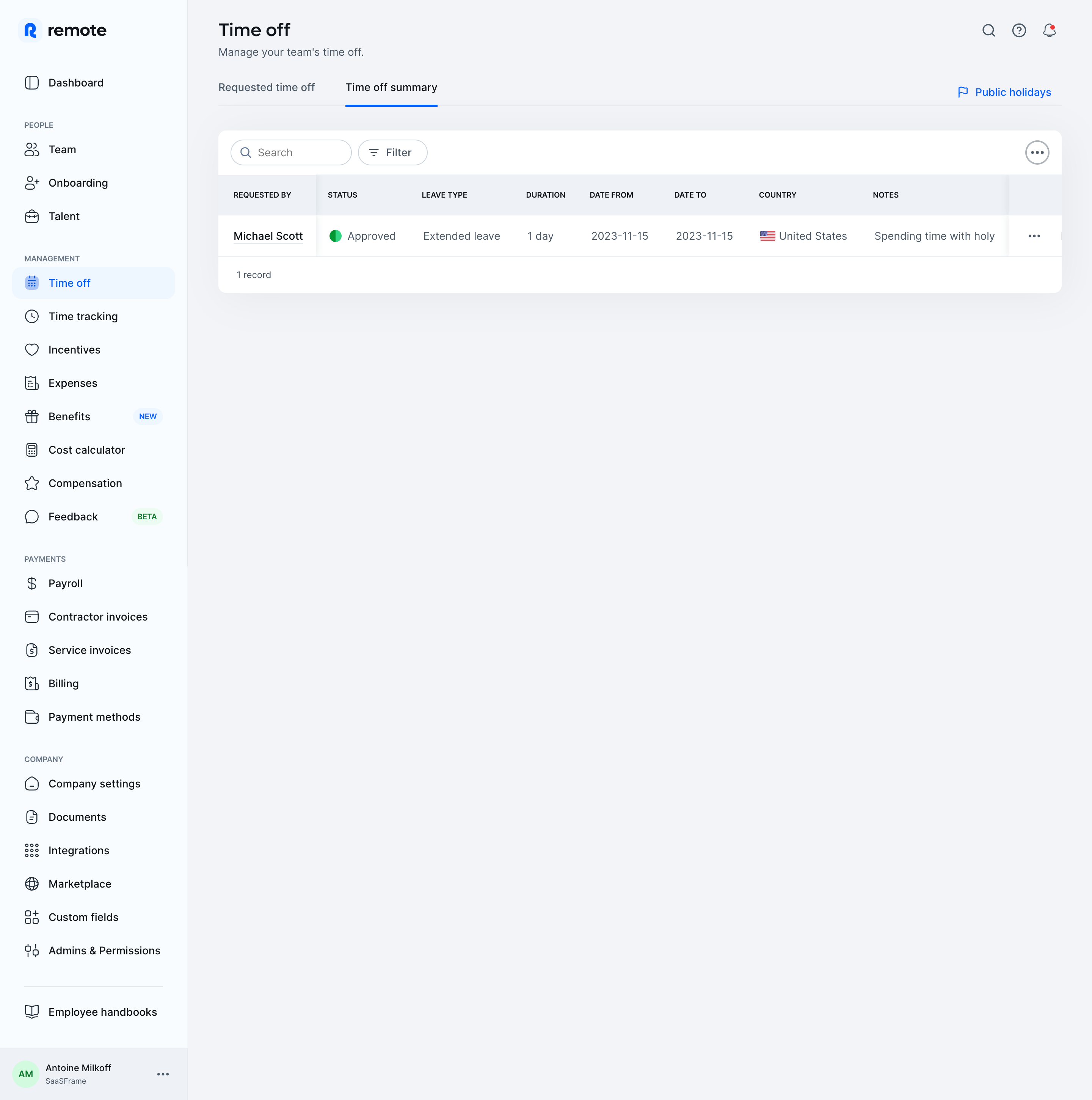 Remote Time Off Summary Table