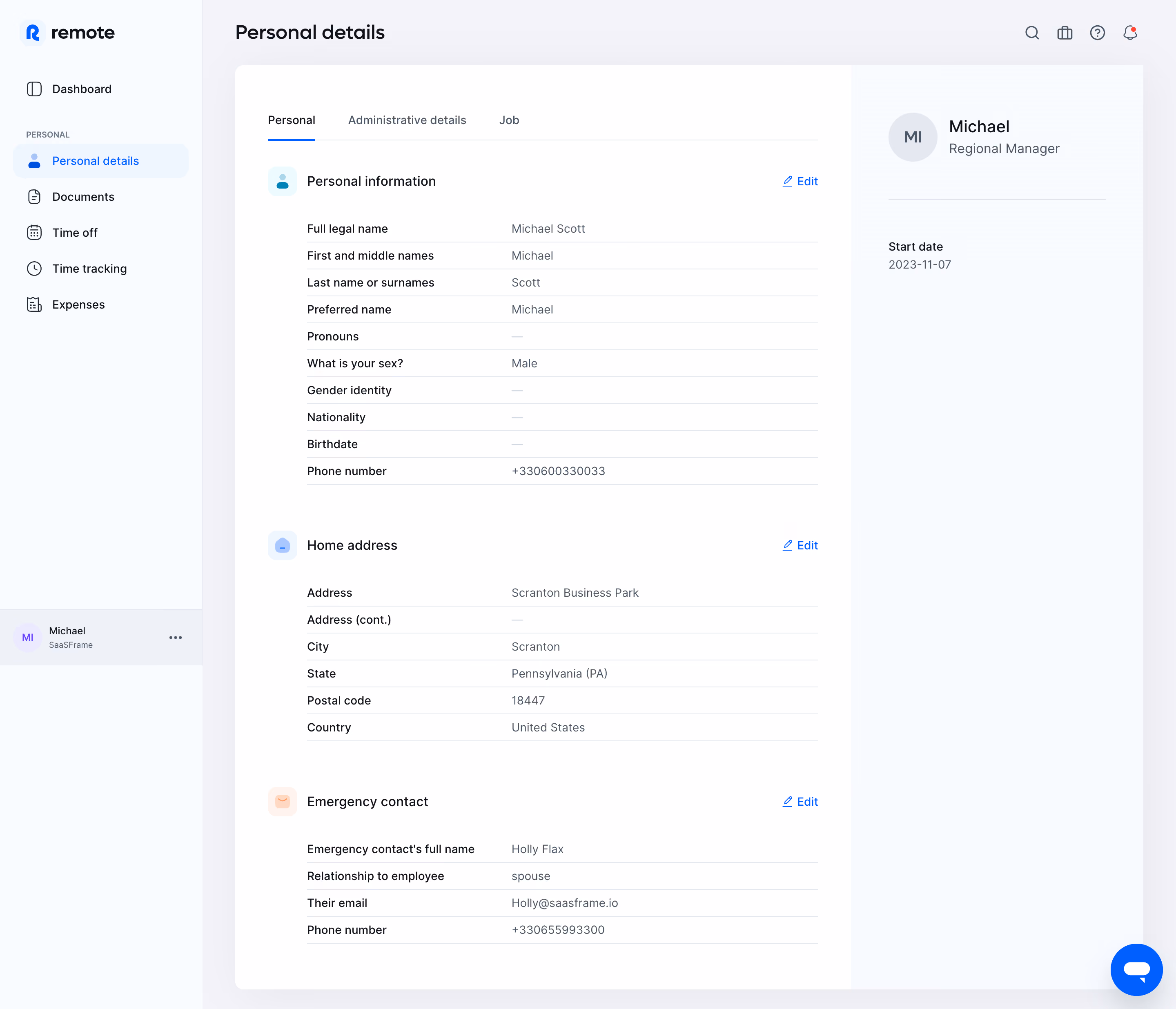 Remote Employee Personal Details