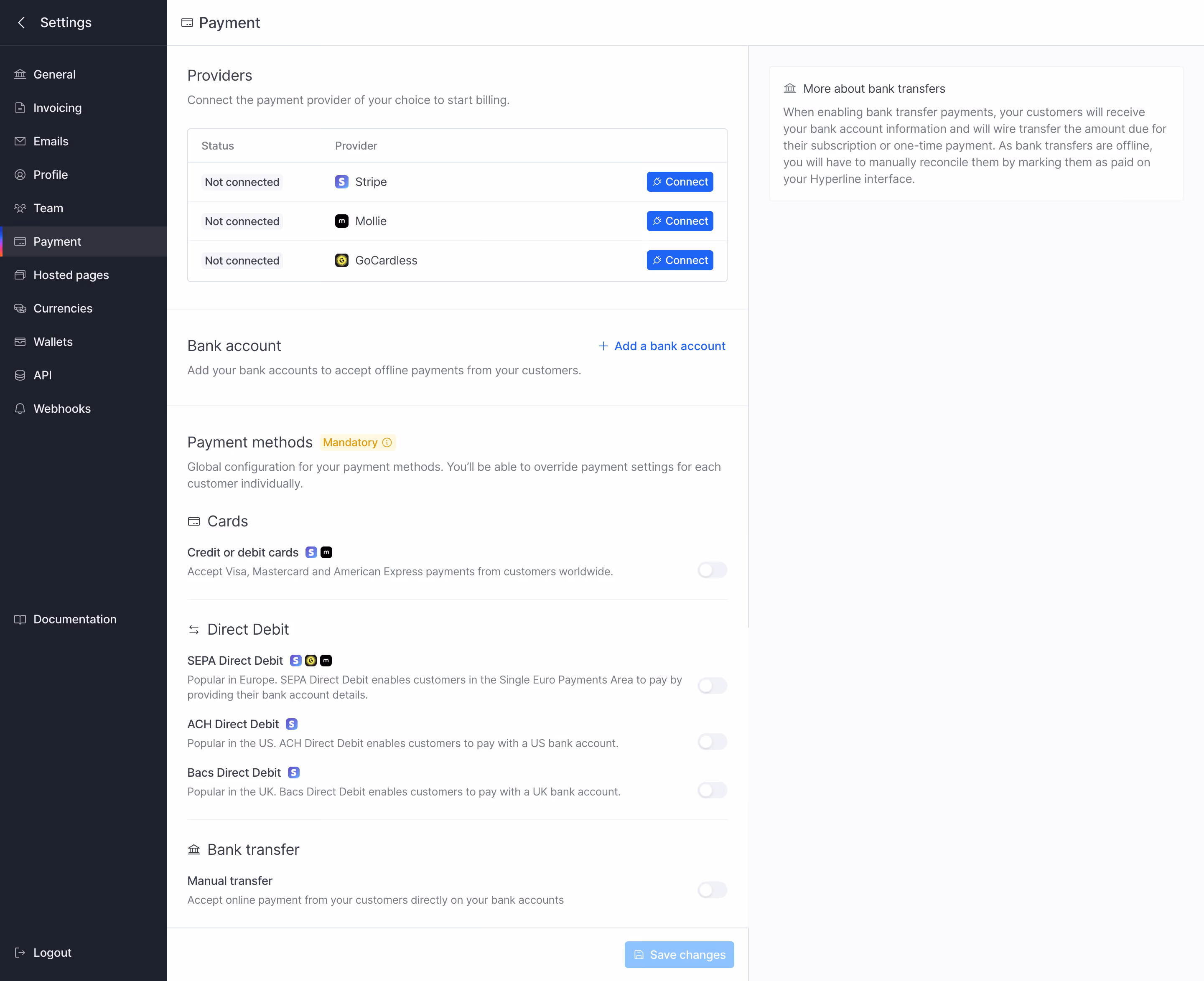 Hyperline Payment Settings
