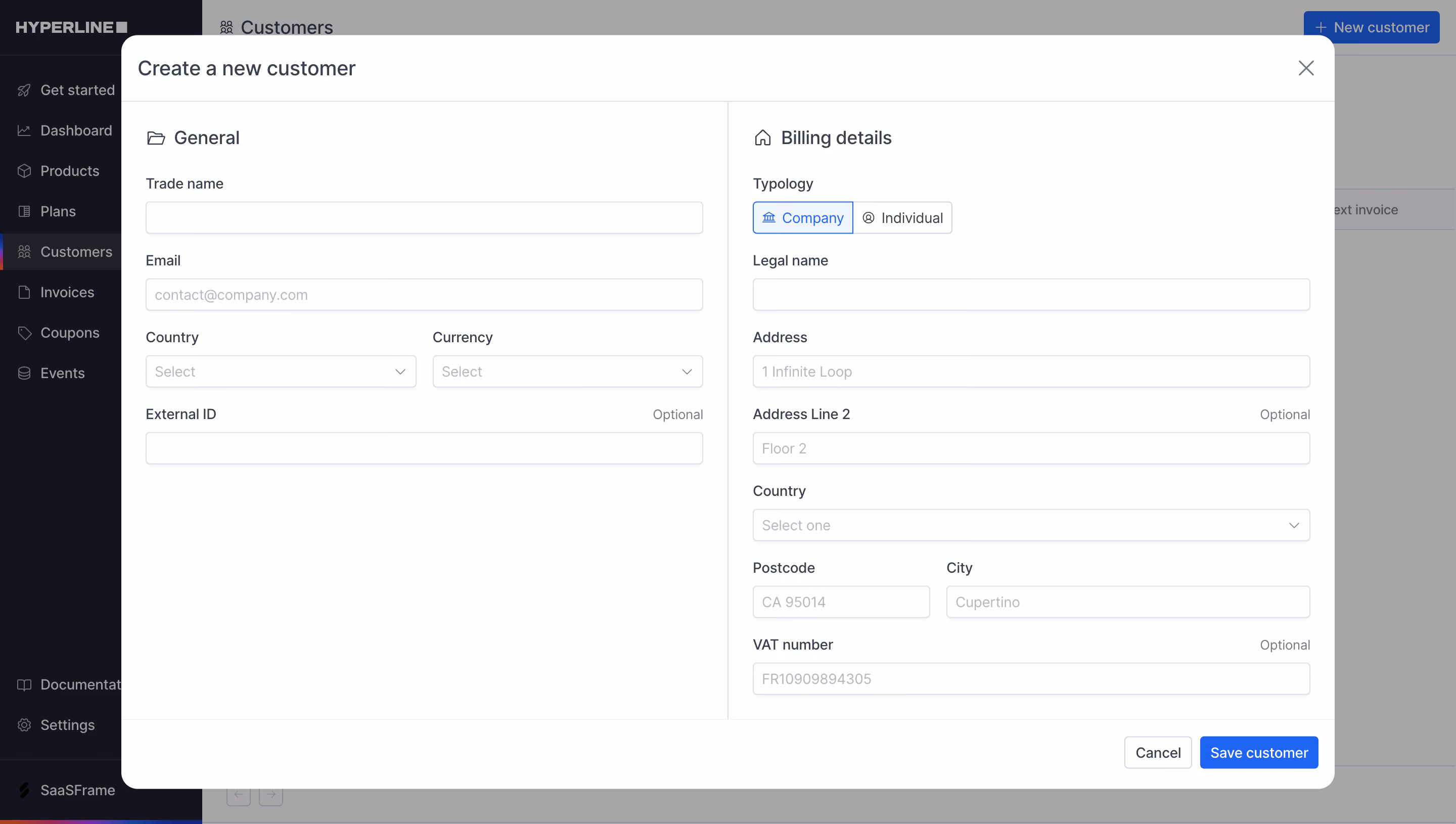 Hyperline Create A New Customer