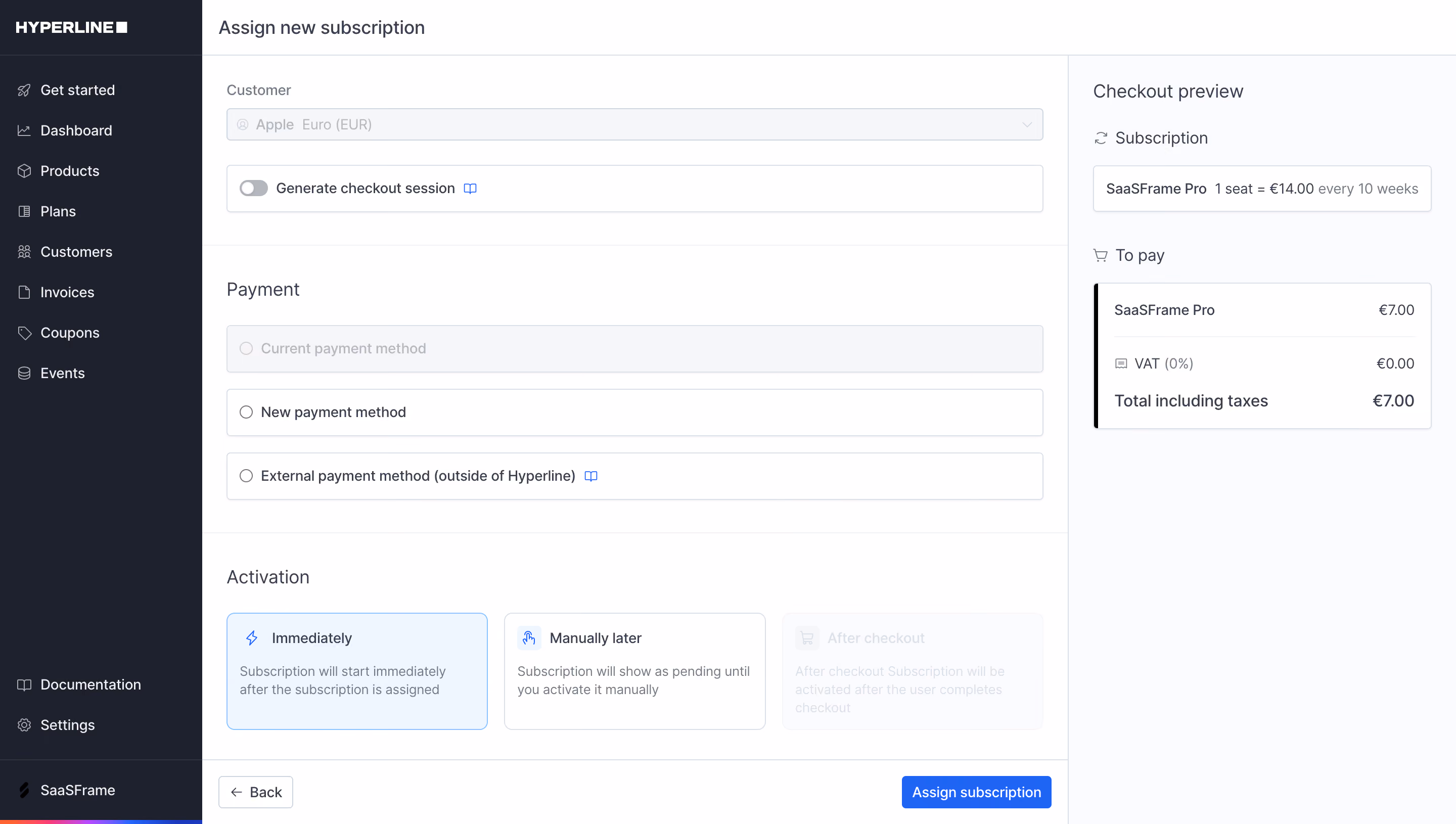 Hyperline Assign New Subscription