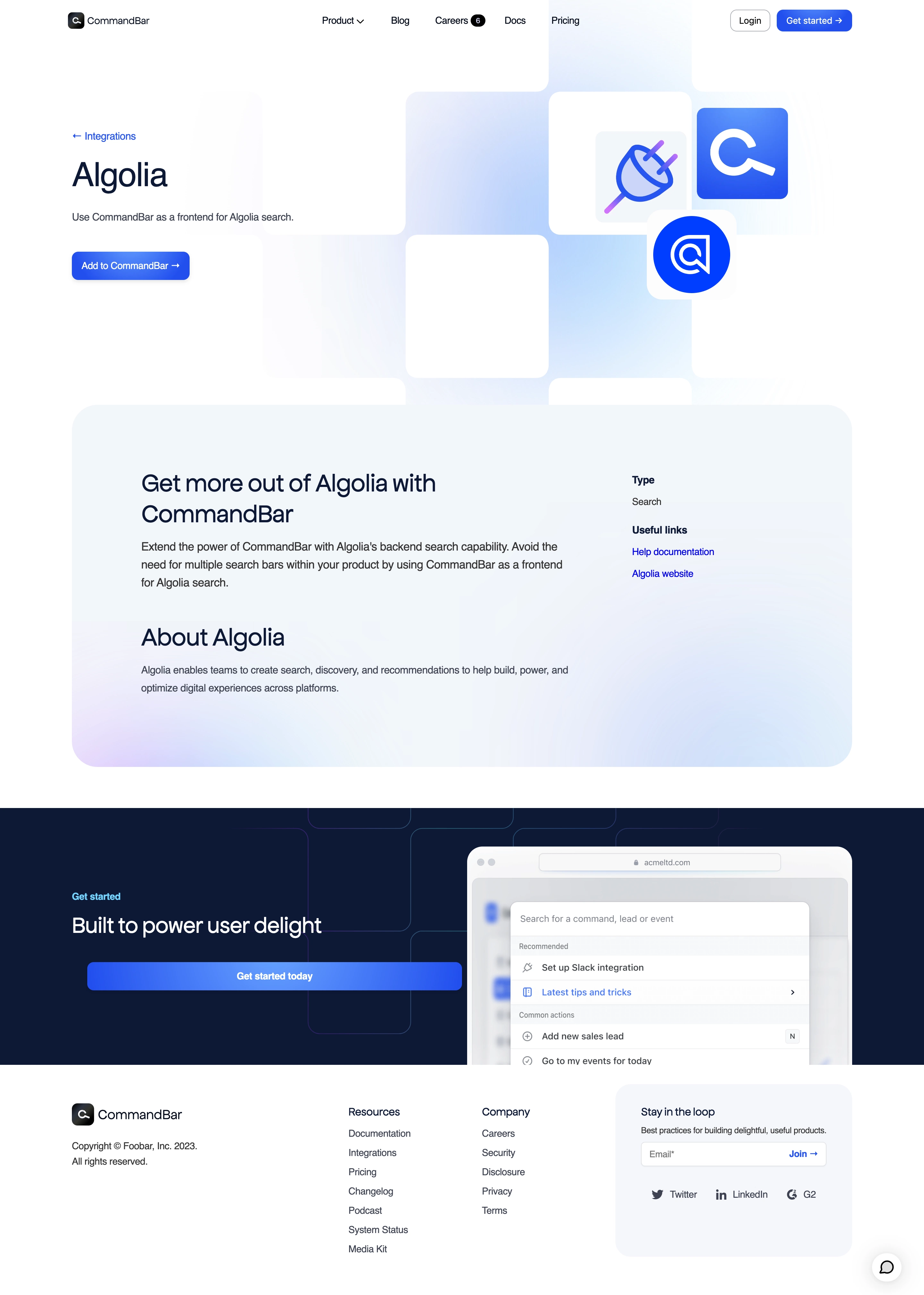 CommandBar Integrations Page