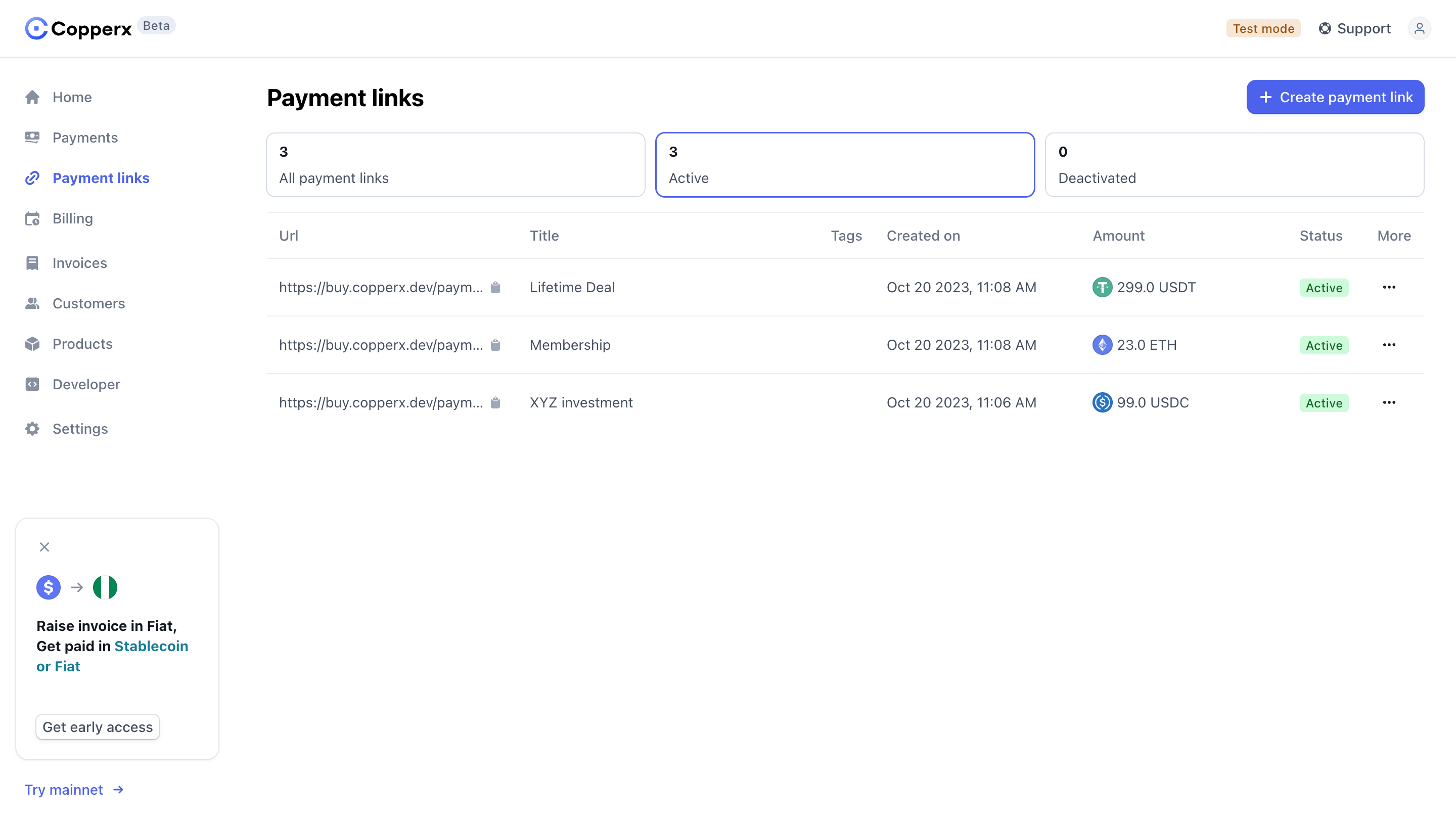 Copperx Payment Links Table
