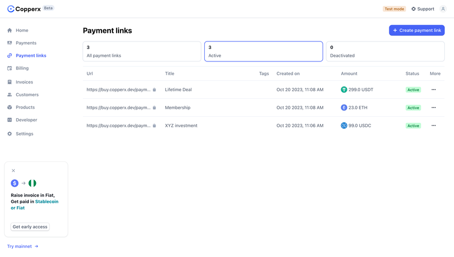 Copperx Payment Links Table