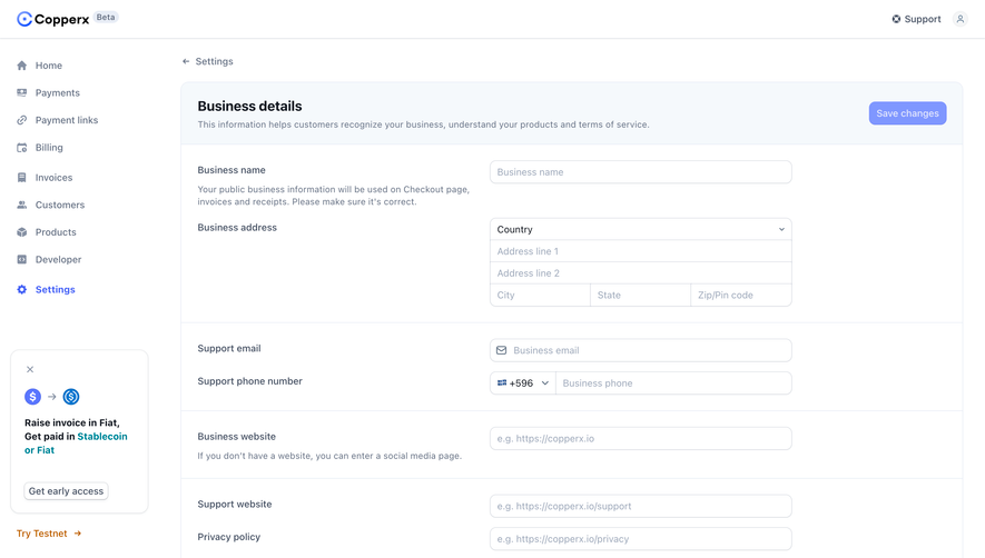Copperx Business Settings