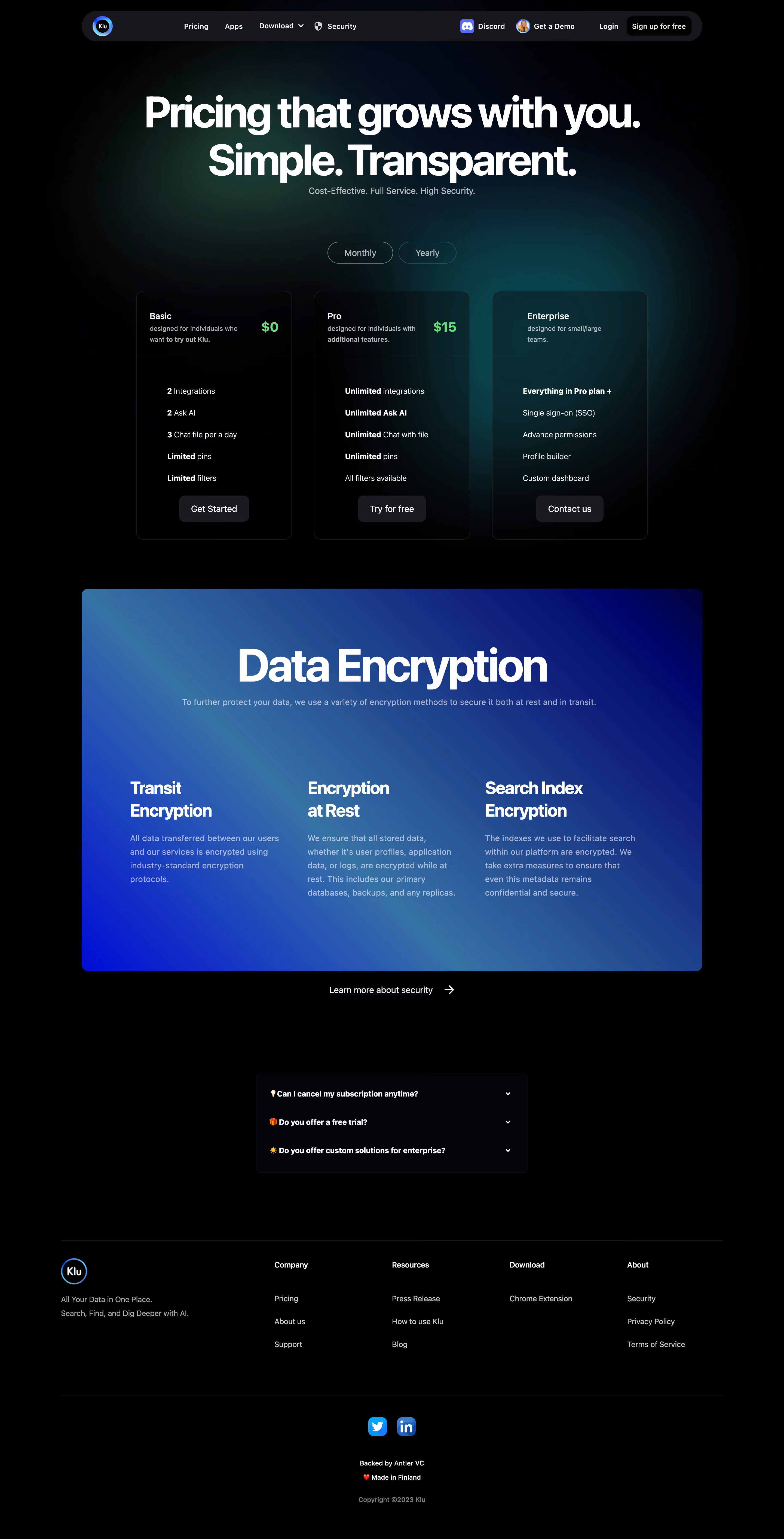 Klu Pricing Page