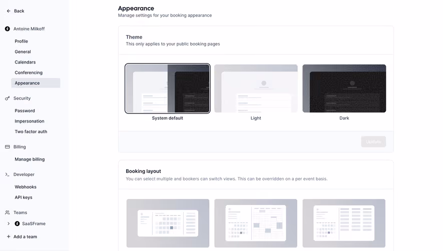 Cal.com Appearance Settings