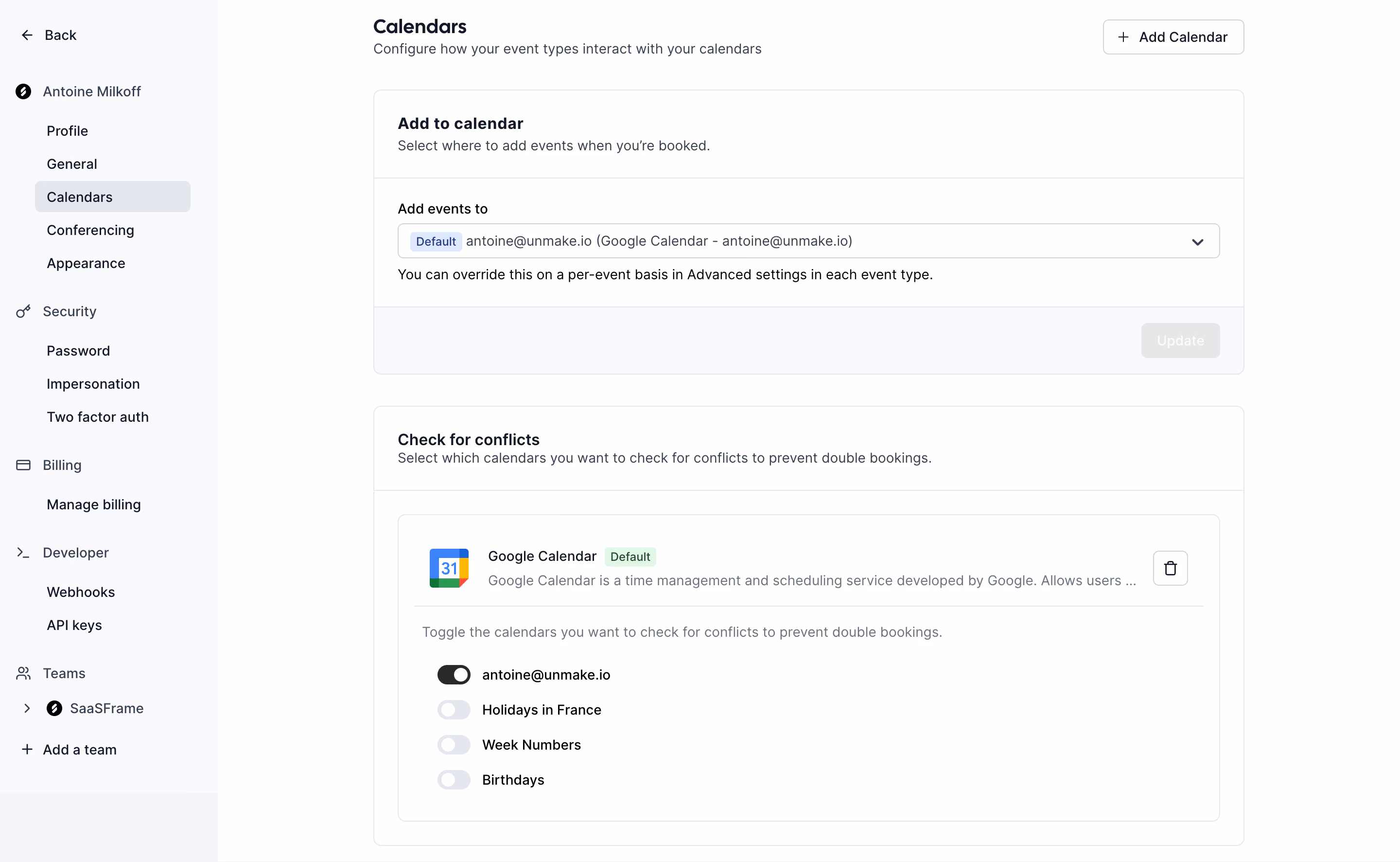 Cal.com Calendars Settings