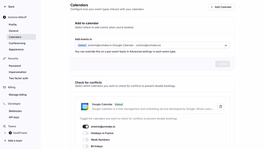 Cal.com Calendars Settings