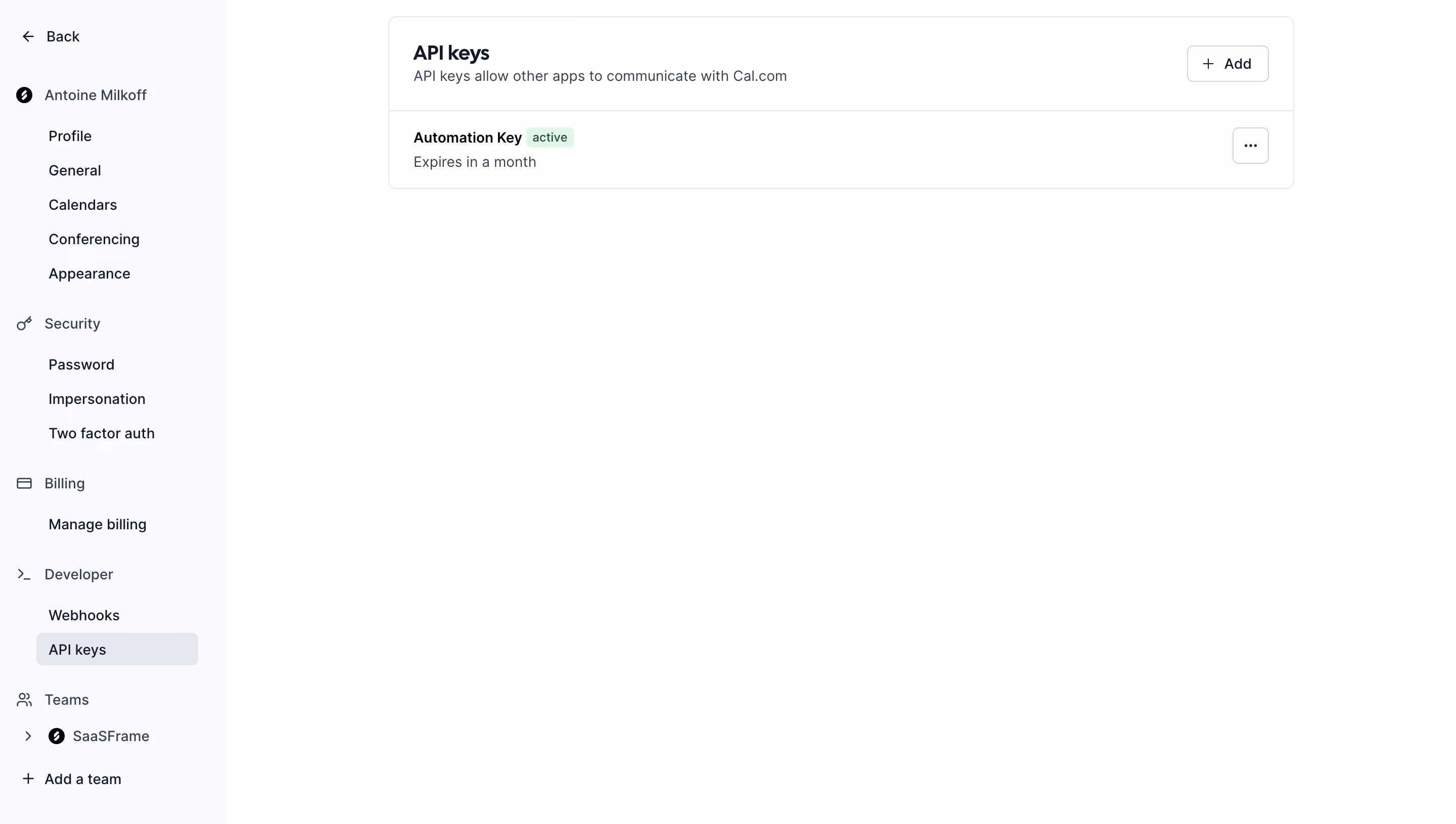 Cal.com API Keys Settings