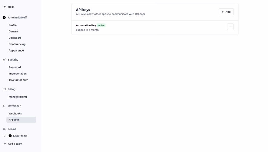 Cal.com API Keys Settings