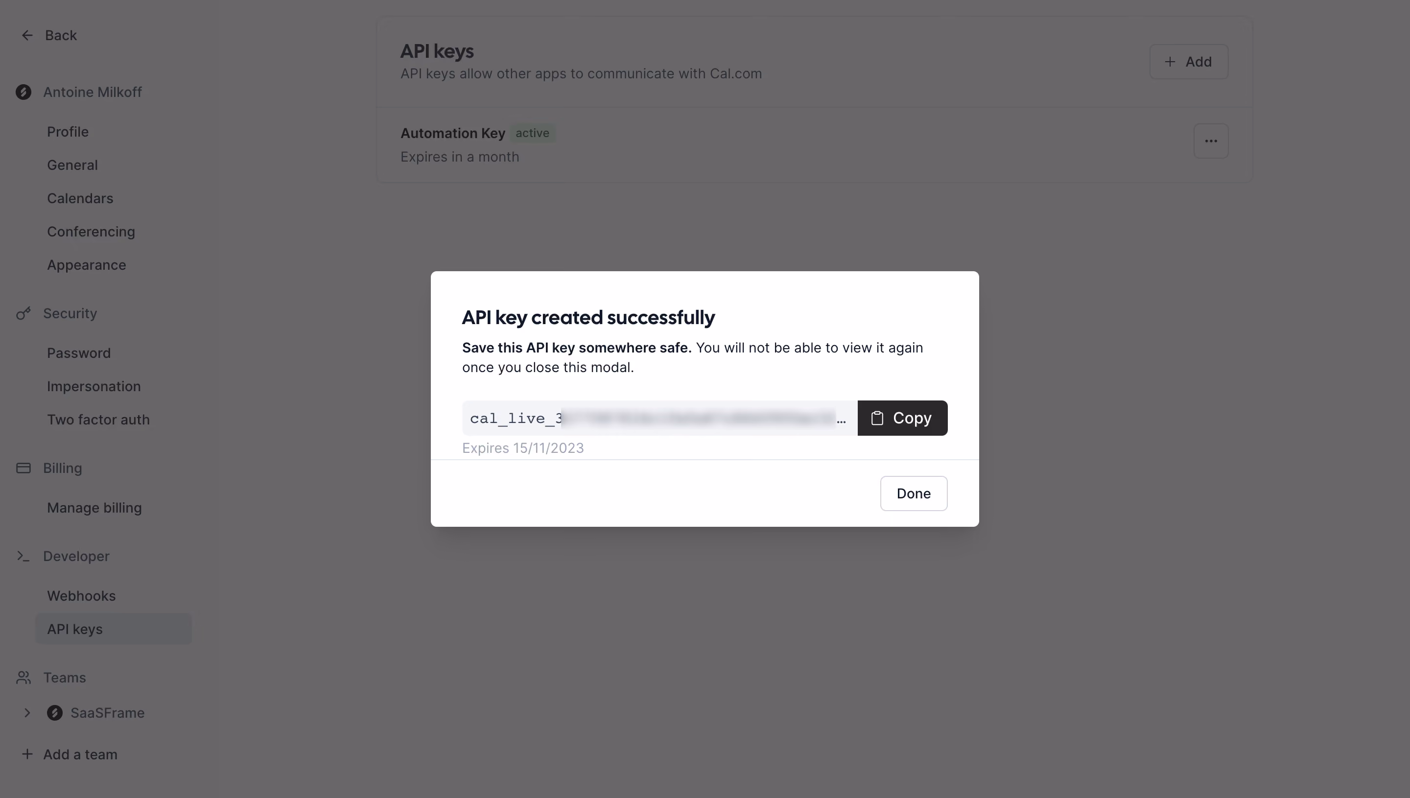 Cal.com Create API Keys