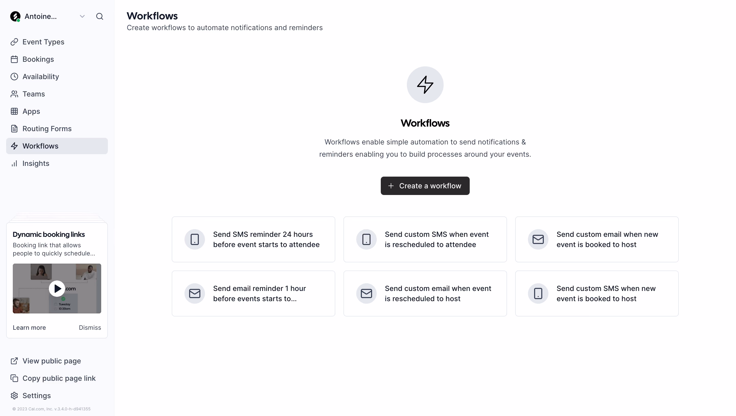 Cal.com Empty Workflow Dashboard