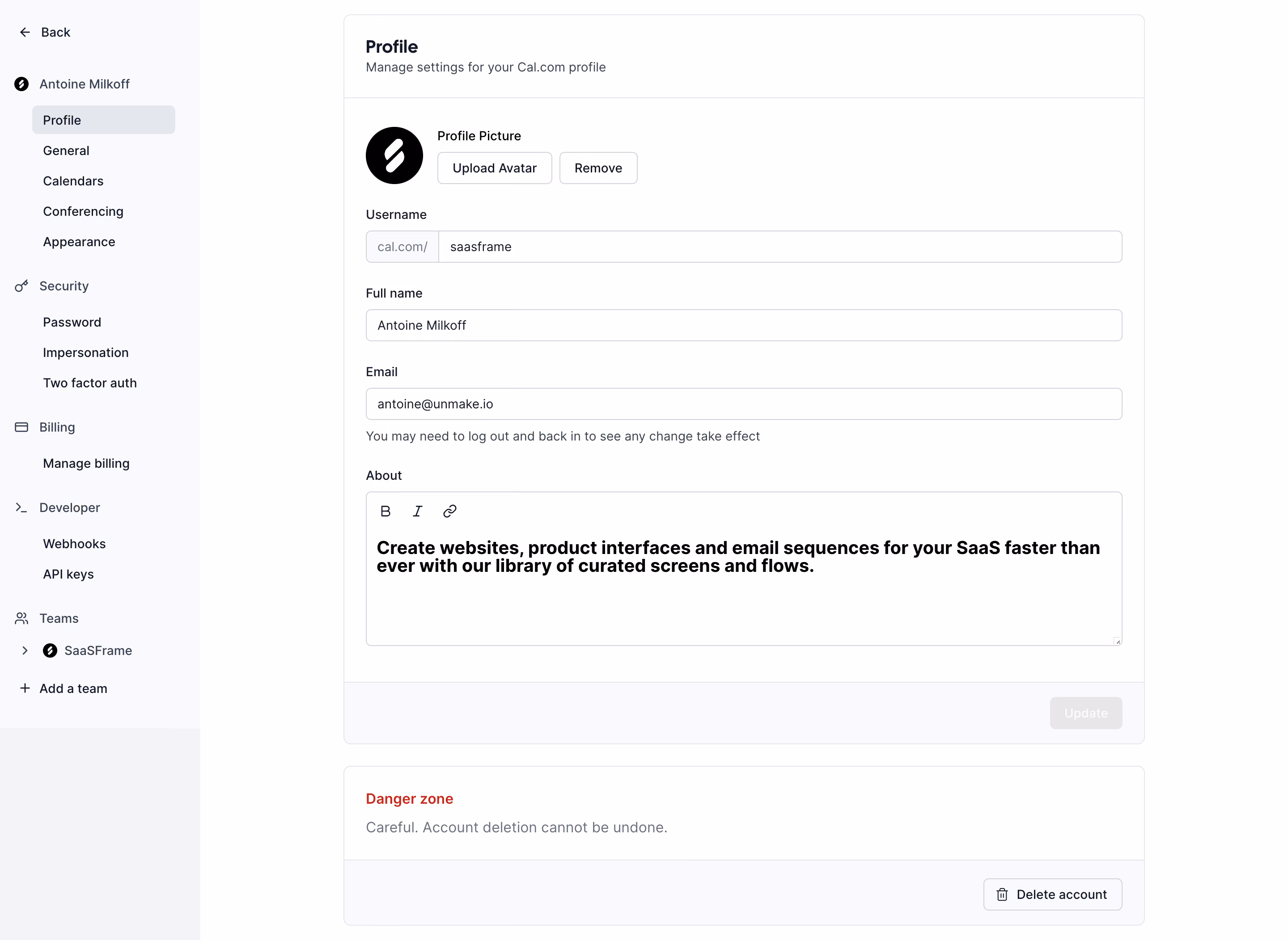 Cal.com Profile Settings