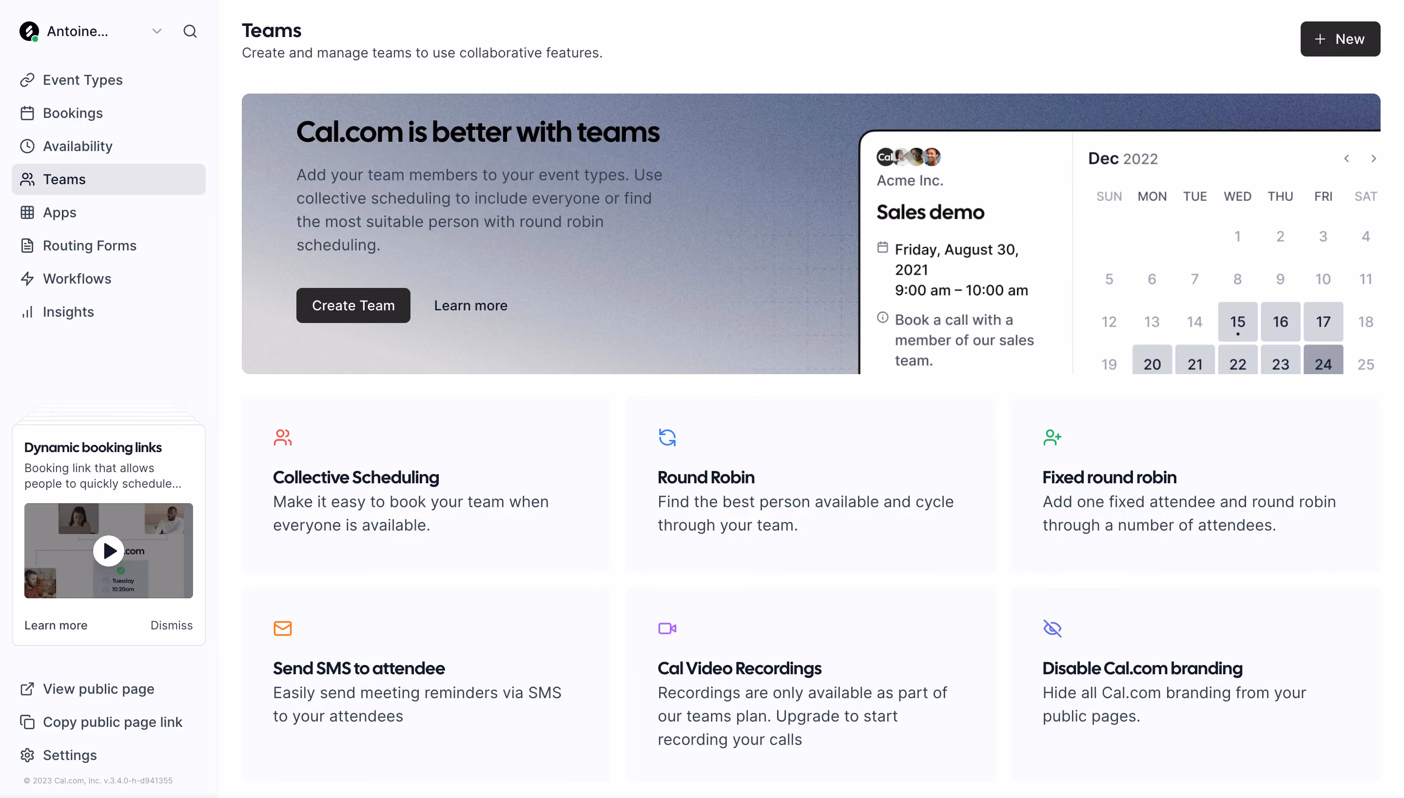 Cal.com Create Team