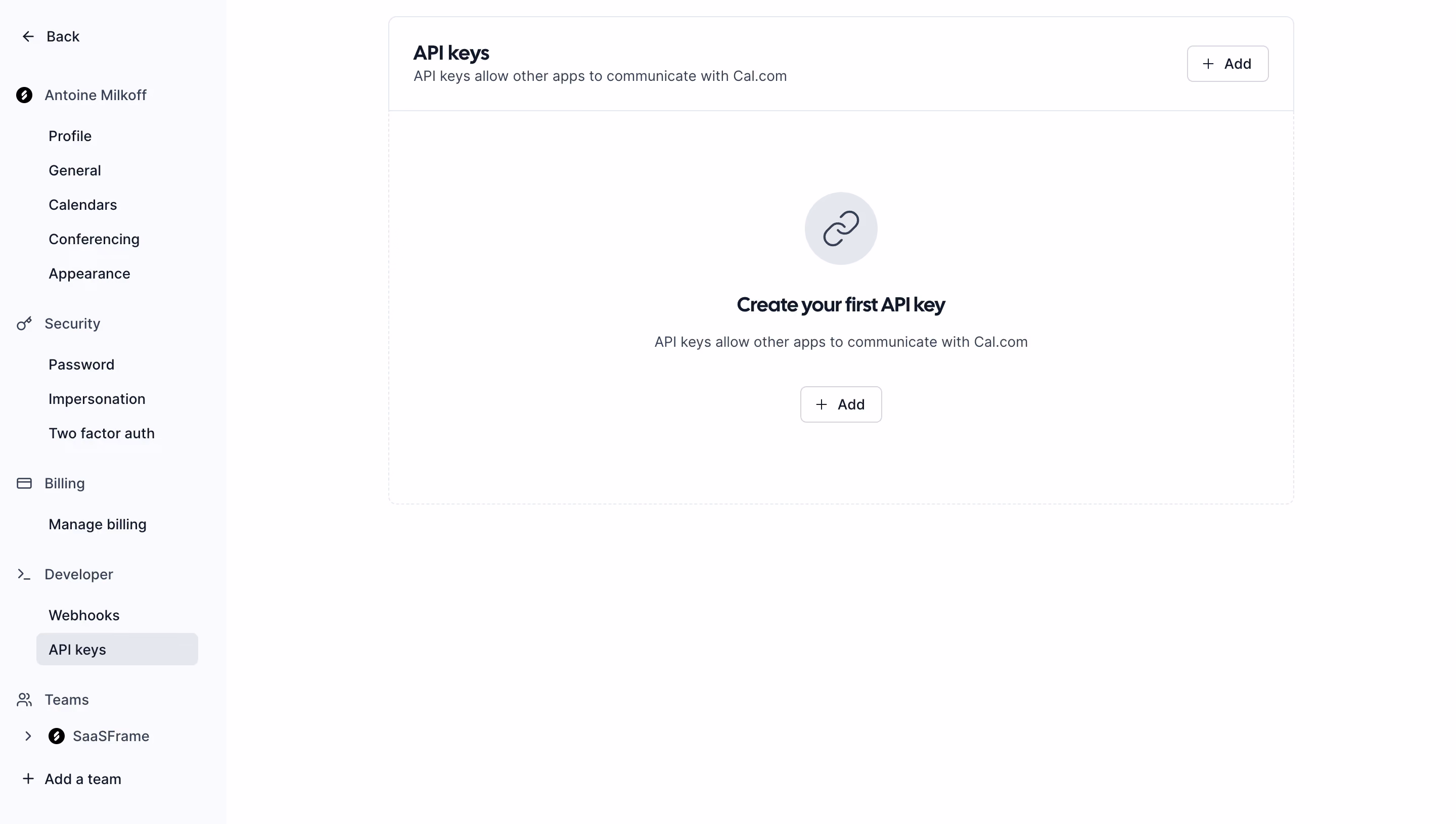 Cal.com API Keys Settings