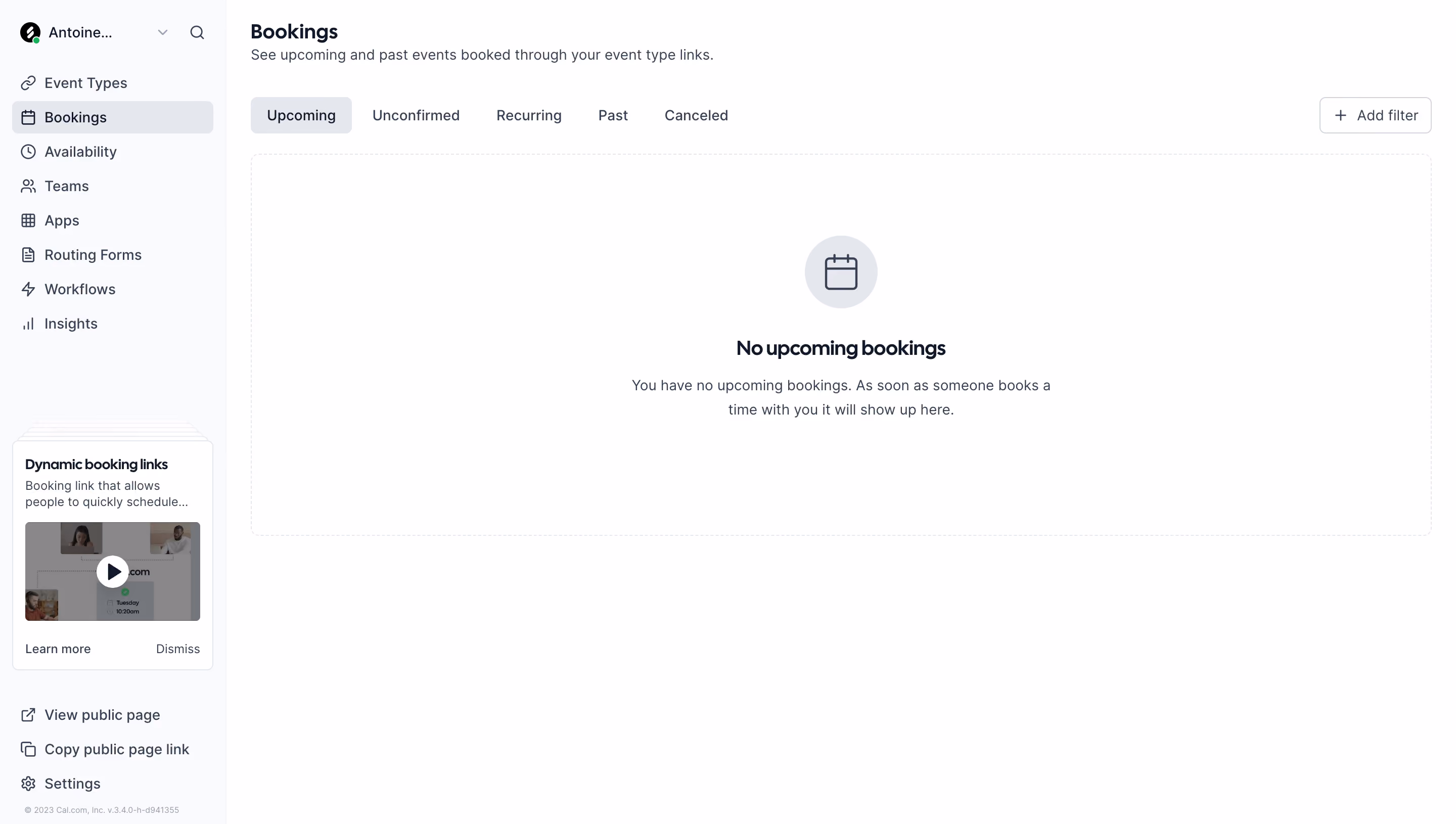 Cal.com Empty Bookings Dashboard