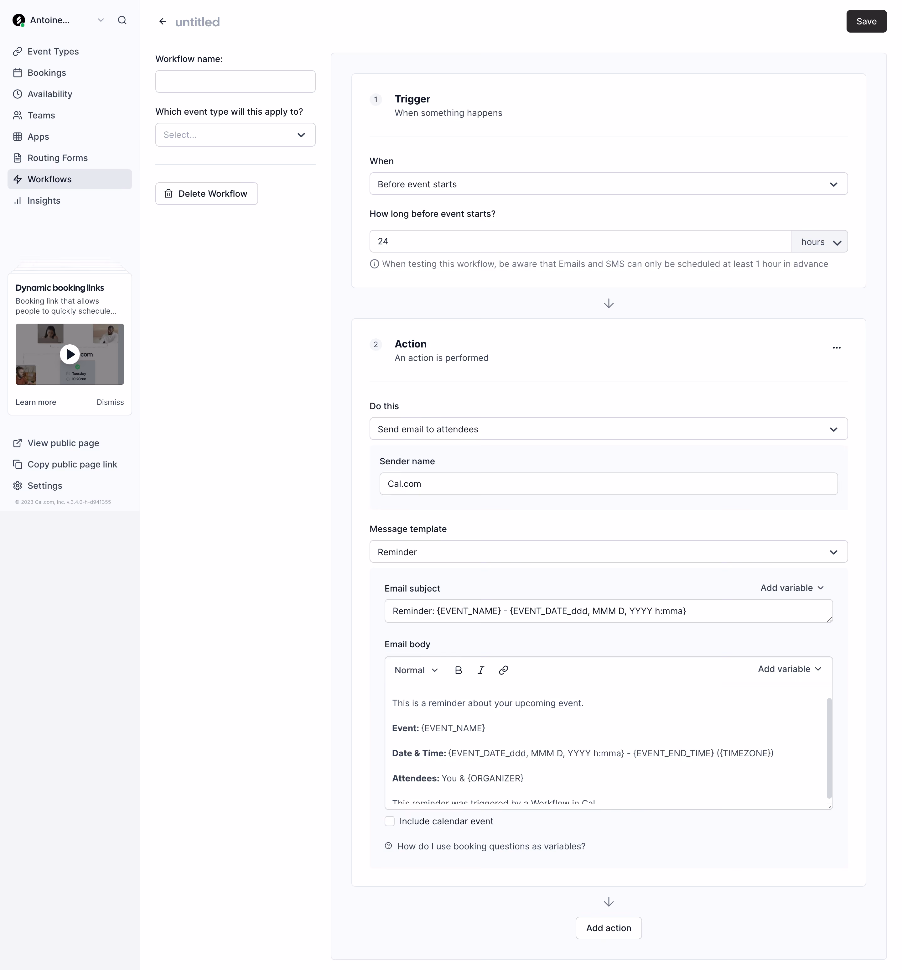 Cal.com Create Workflow