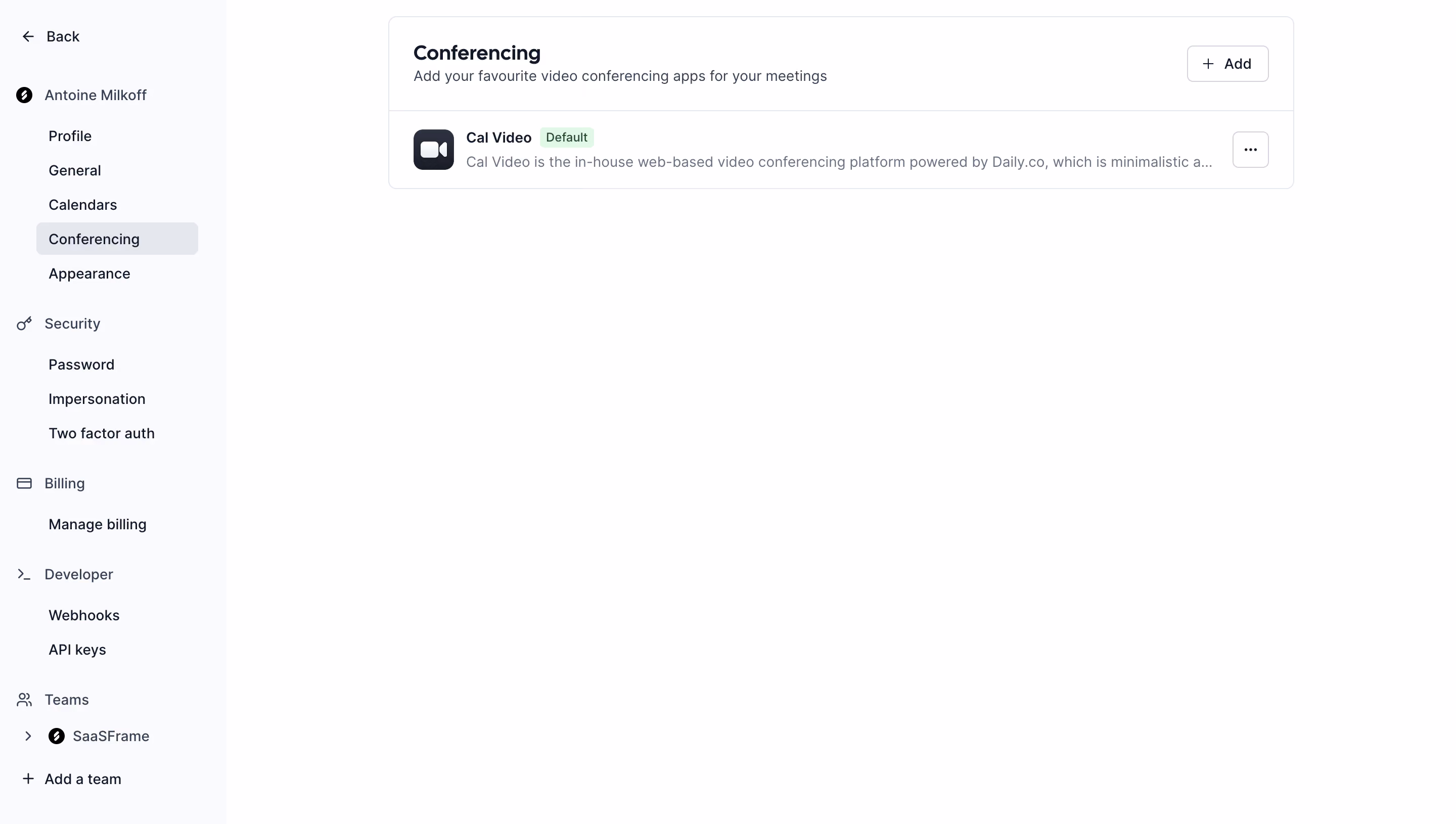 Cal.com Conferencing Settings