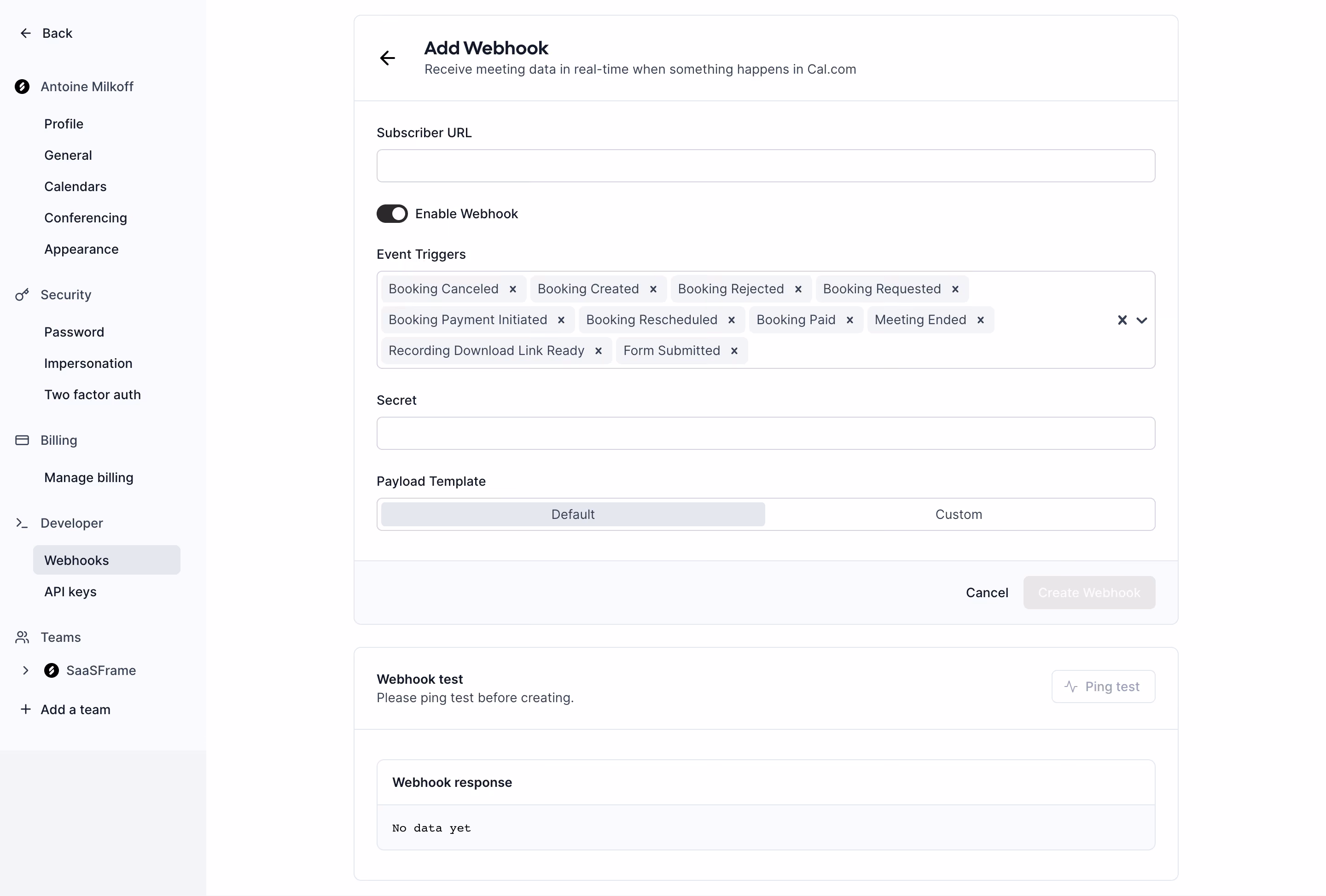 Cal.com Add Webhook