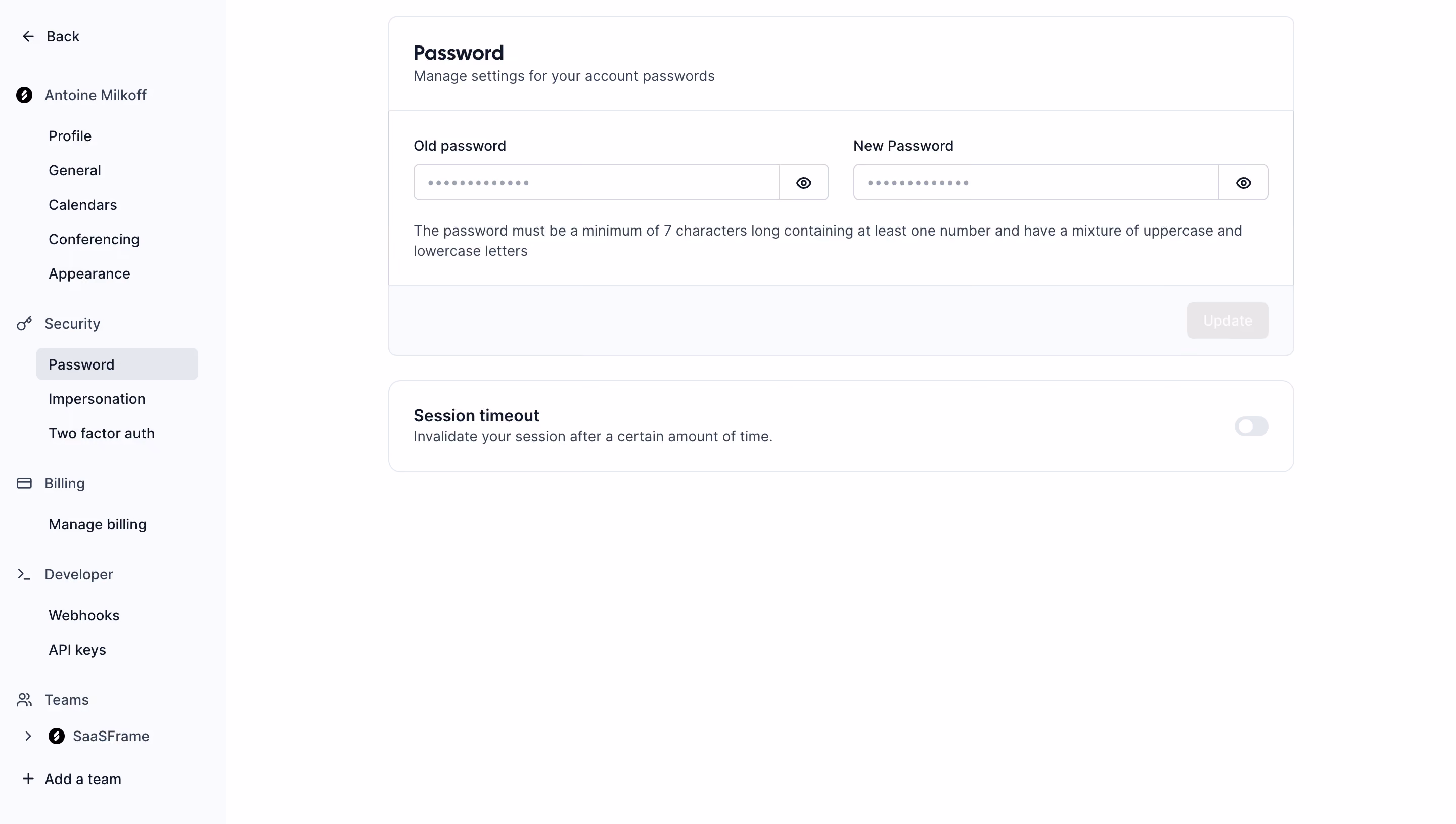 Cal.com Password Settings