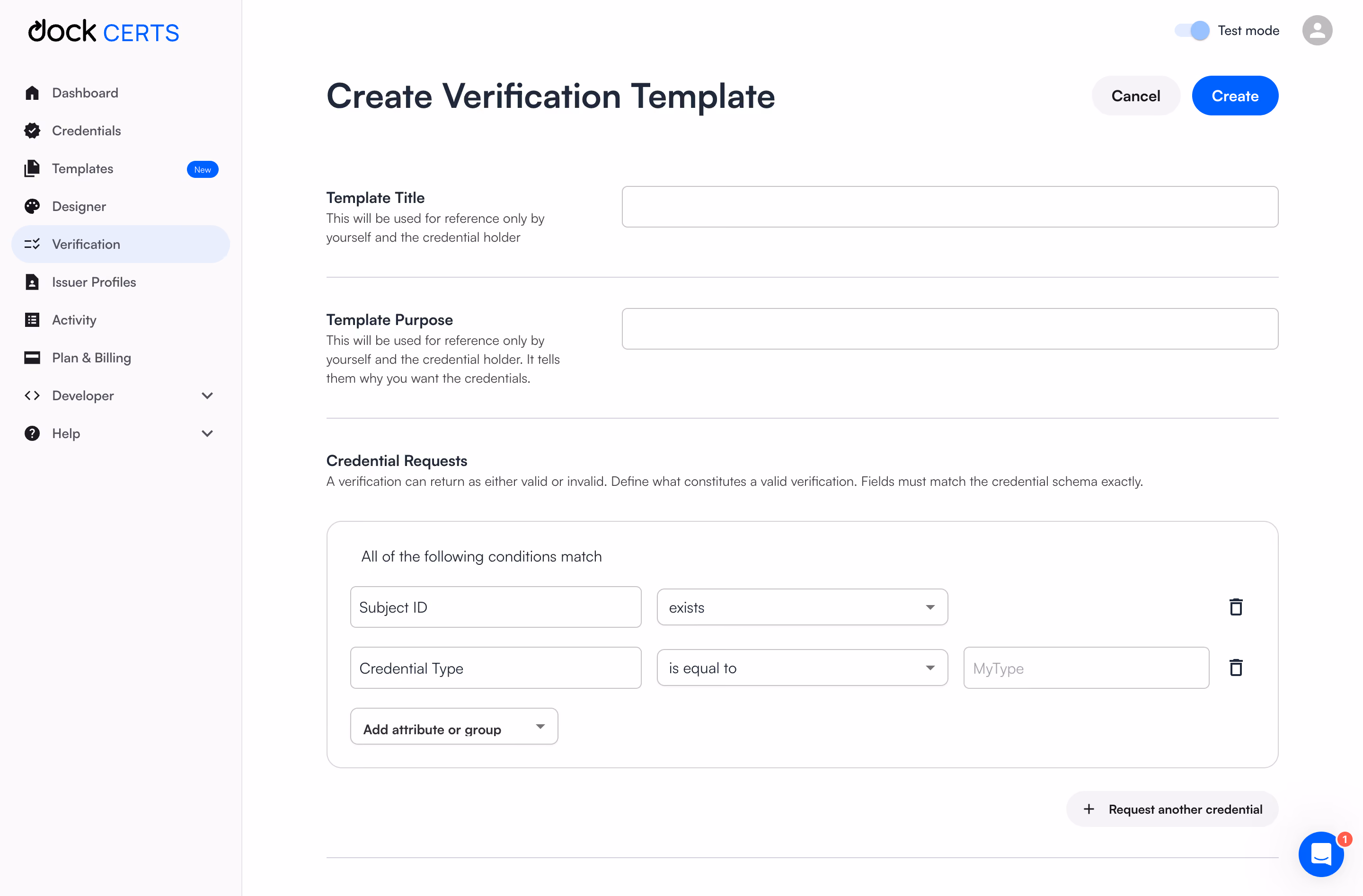 Dock Create Verification Templates