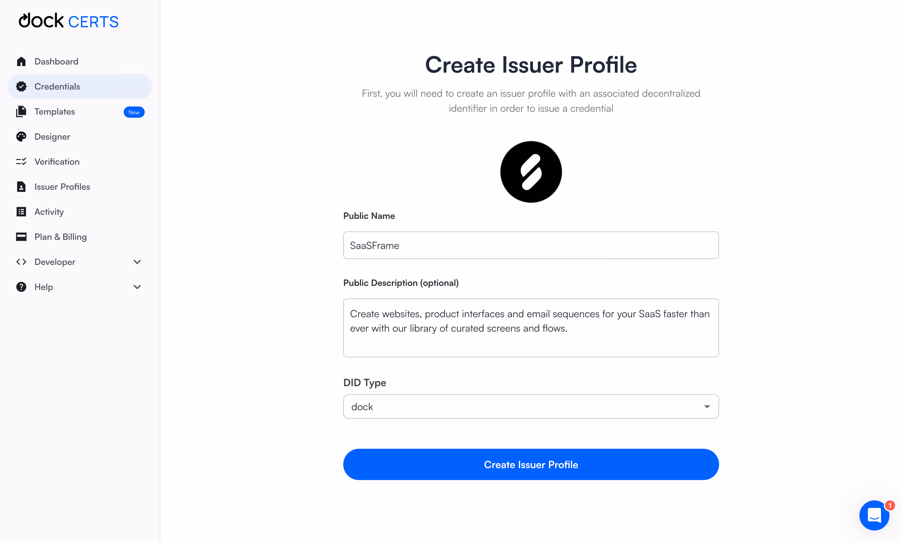 Dock Create Issuer Profile