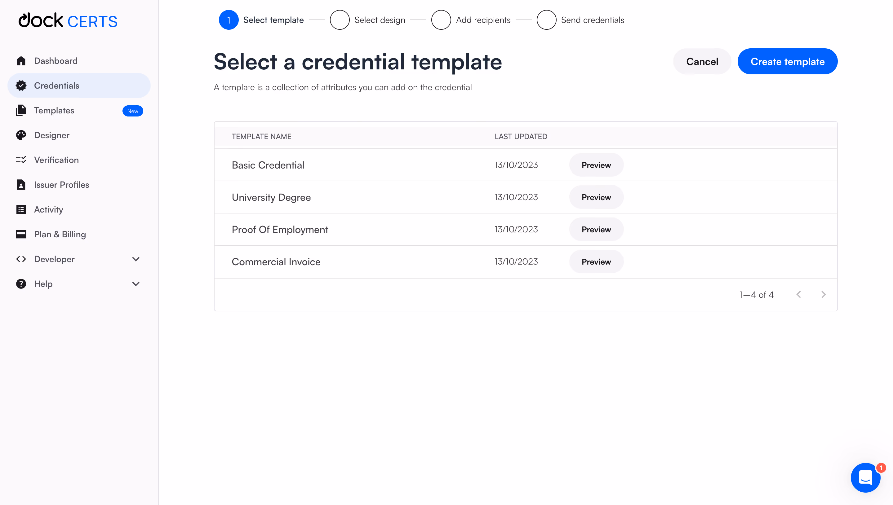 Dock Select Credential Template