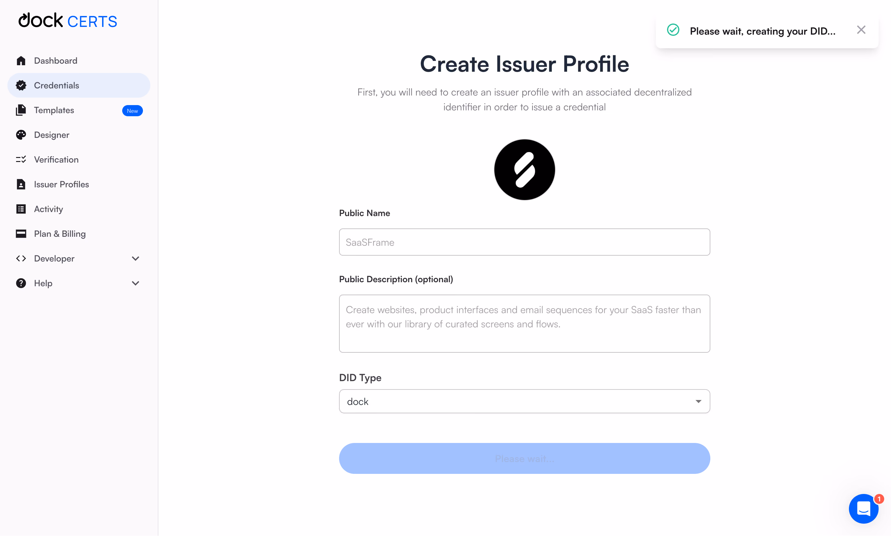 Dock Create Issuer Profile