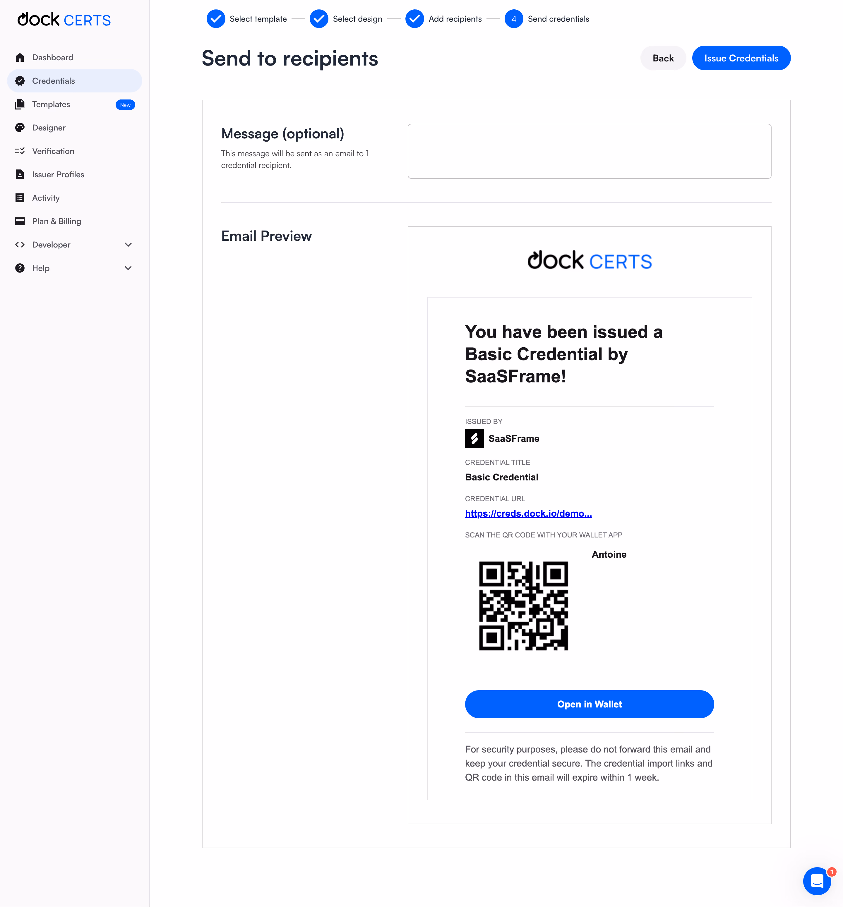 Dock Send Credential to Recipients