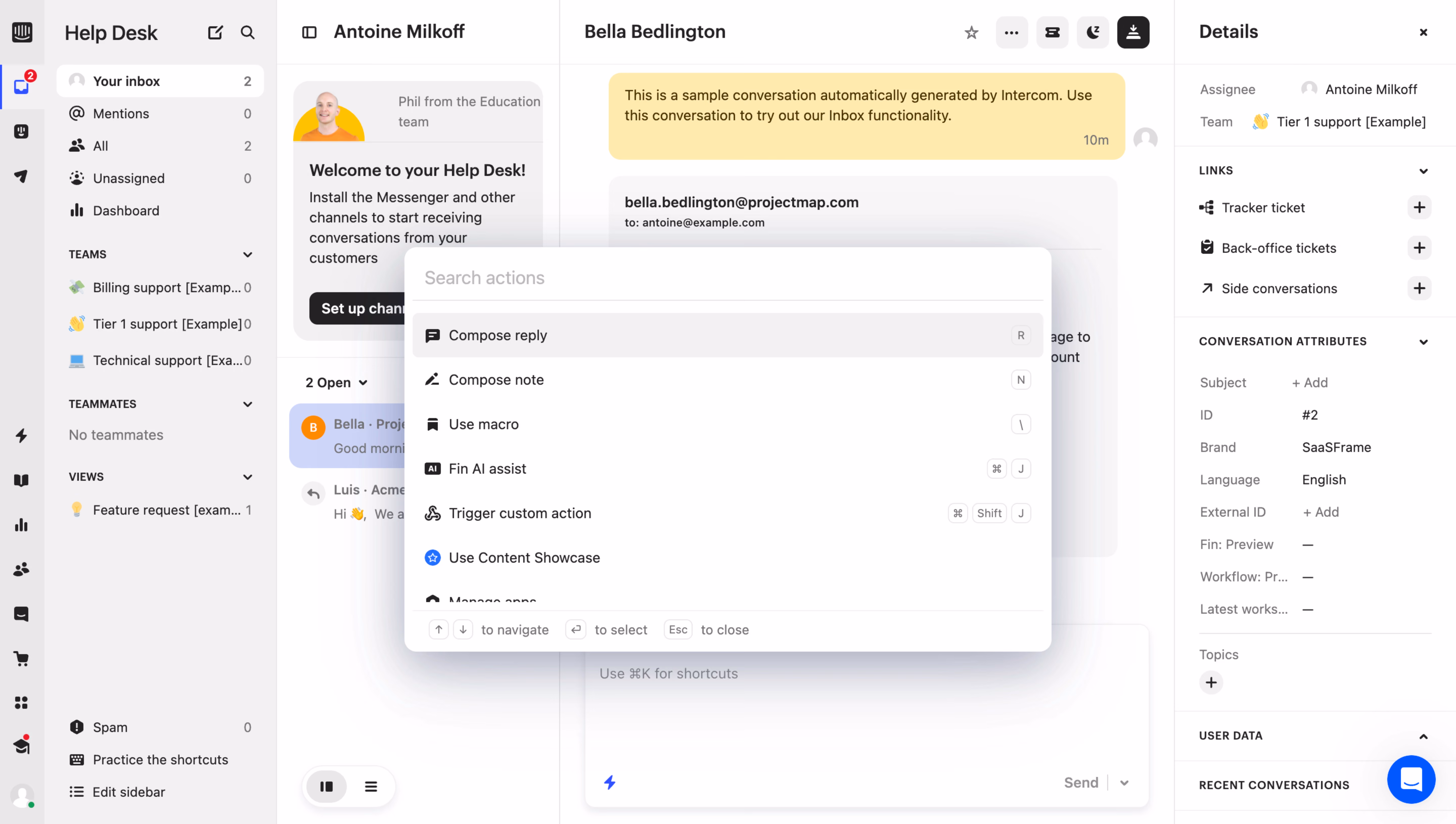 Intercom Search Actions Modal