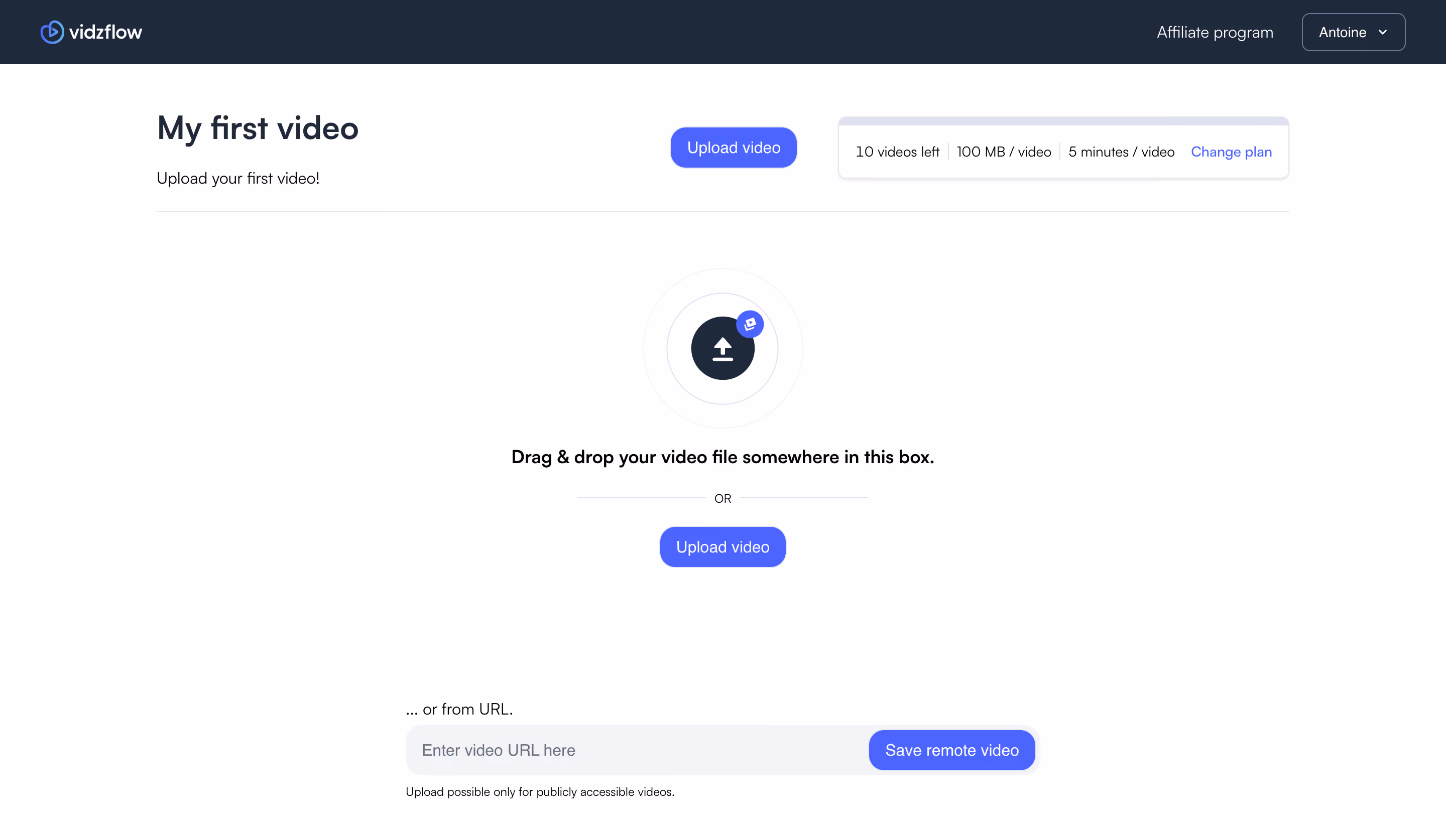 Vidzflow Welcome Screen