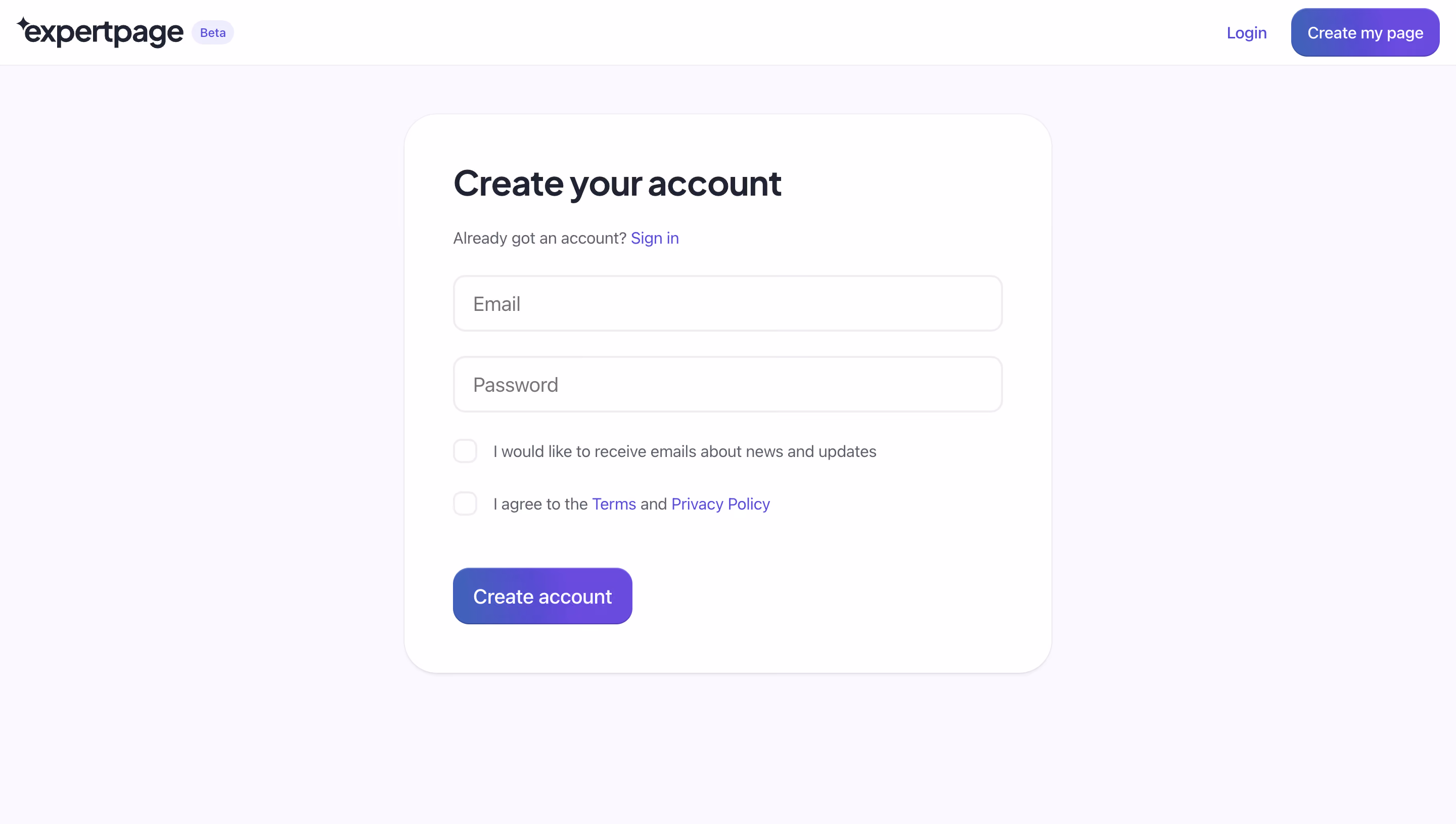 Expertpage Signup